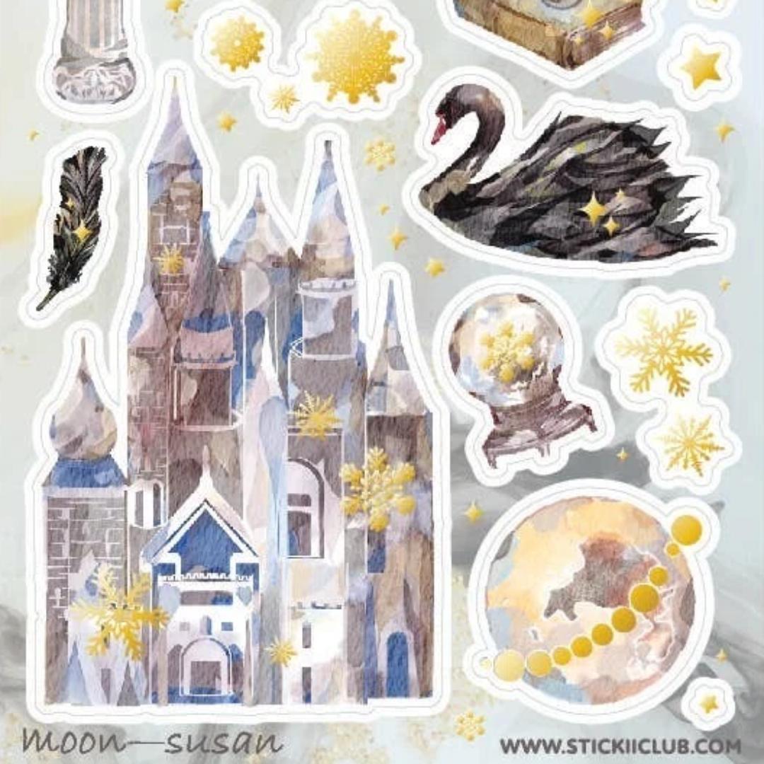 Dreamy Fairytale Stickers - Fantasy Castle & Swans Sticker Sheet