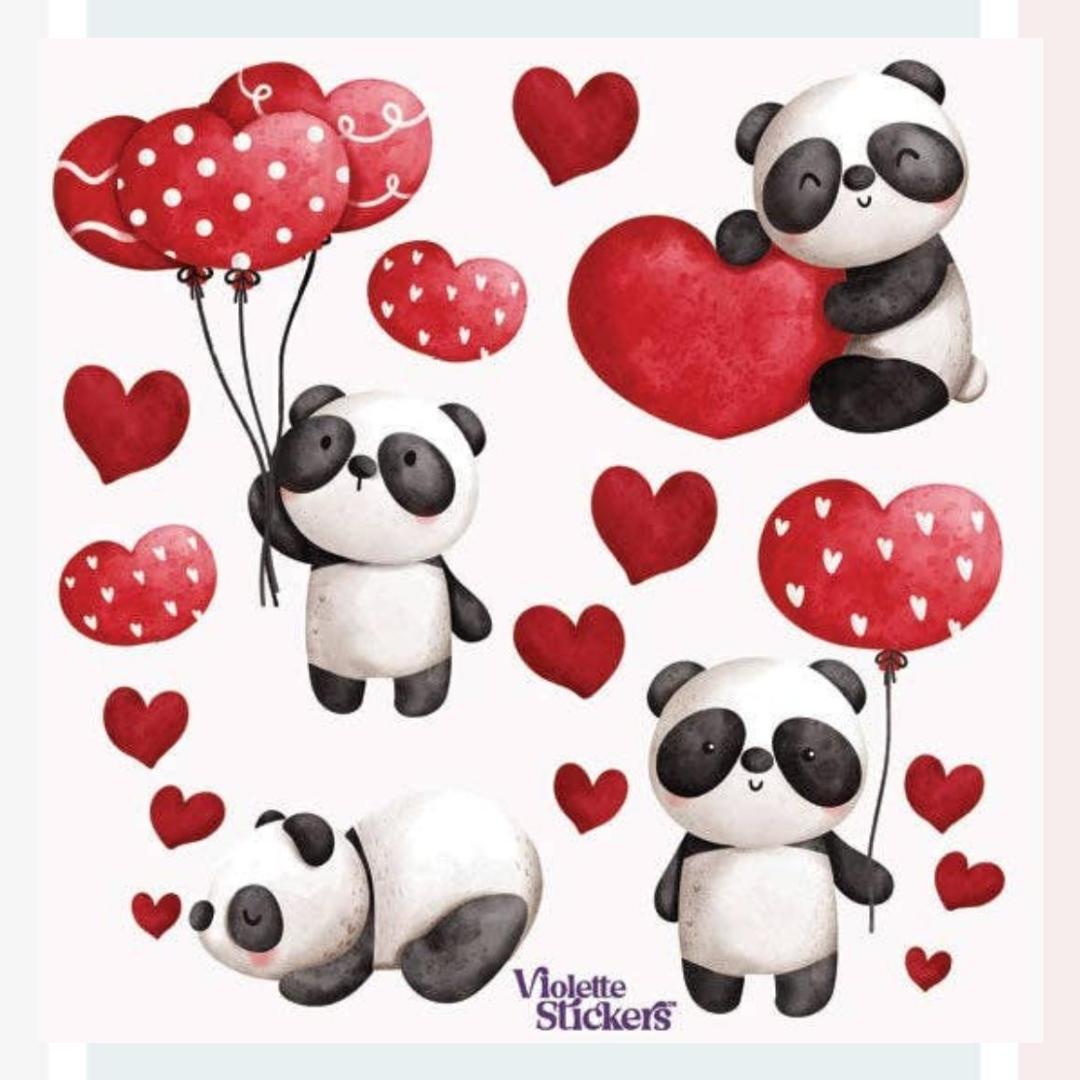 Panda Stickers - Red Hearts, Balloons, & Pandas Sticker Sheet