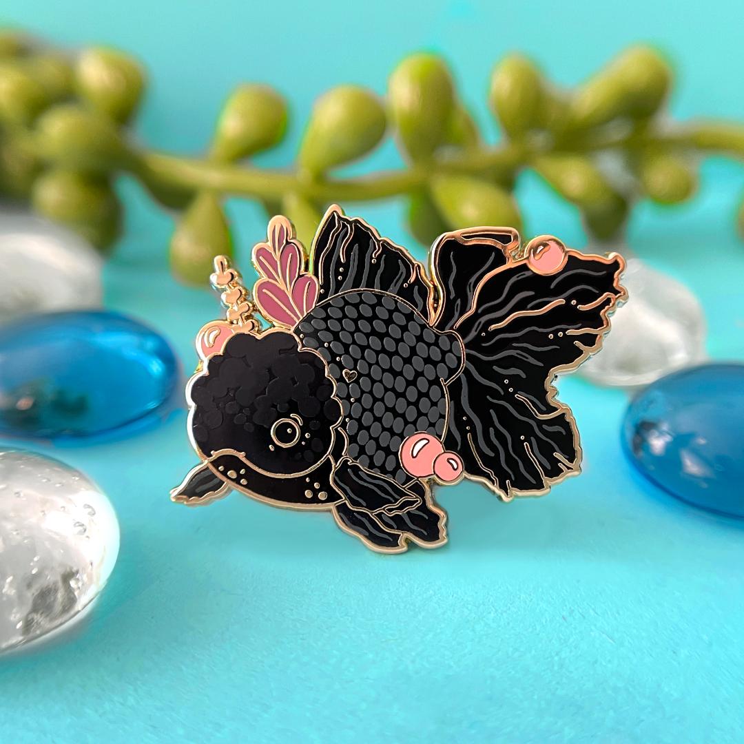 Black Oranda Goldfish Enamel Pin - Gold Plated Brooch - New Nature Jewelry