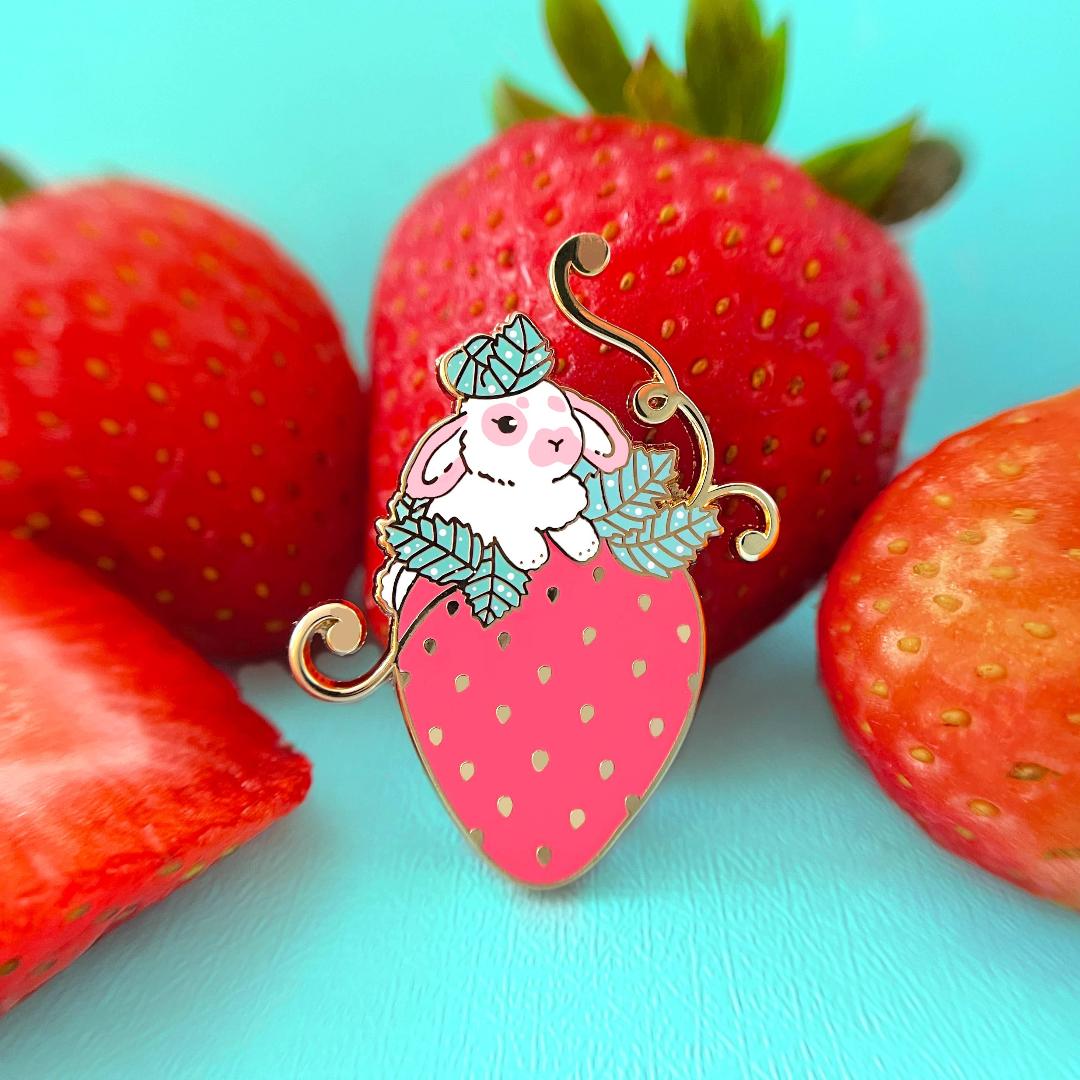 Strawberry Rabbit Enamel Pin - Gold Plated Brooch - Nature Jewelry