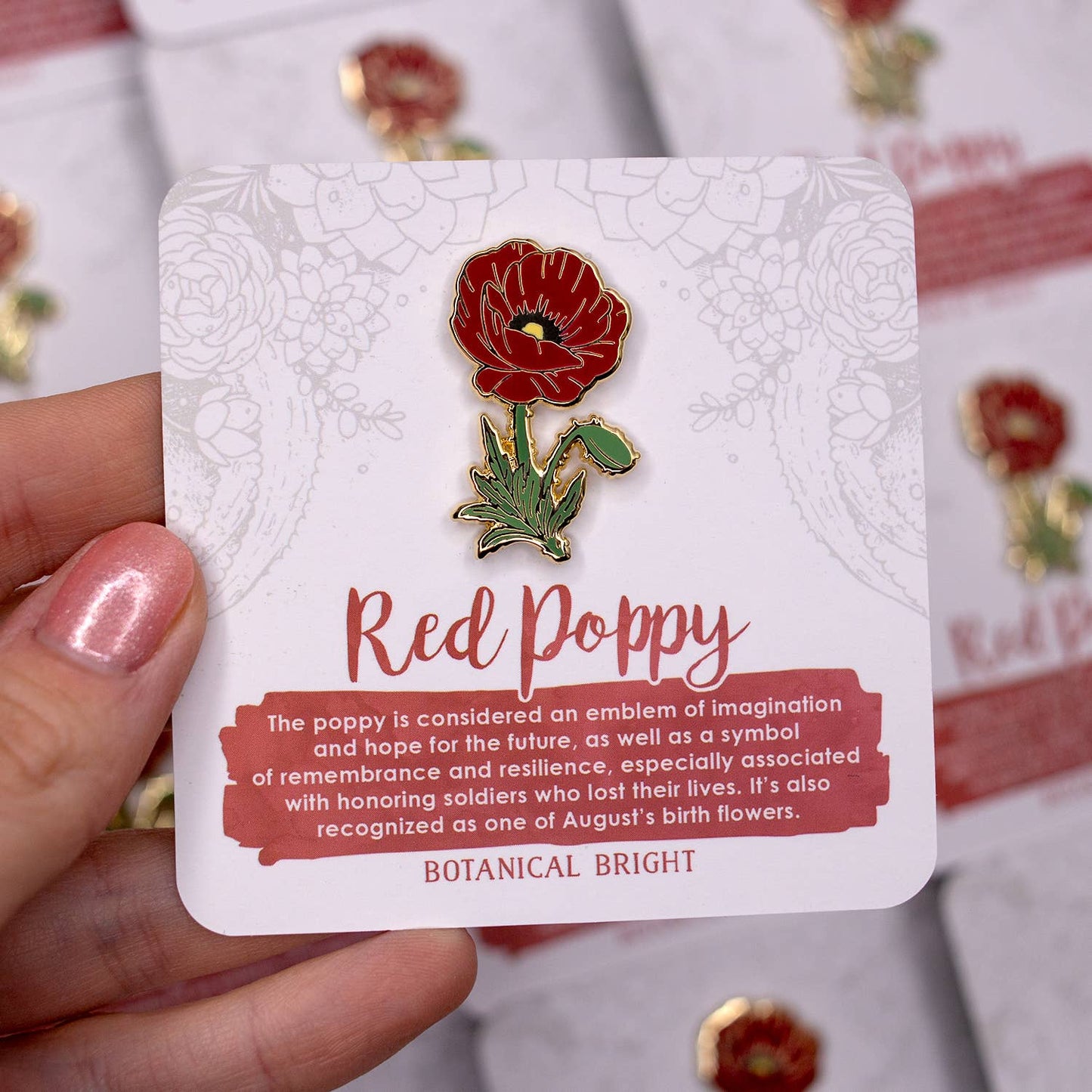 Red Poppy Enamel Pin - August Birth Flower - Gold Plated Base