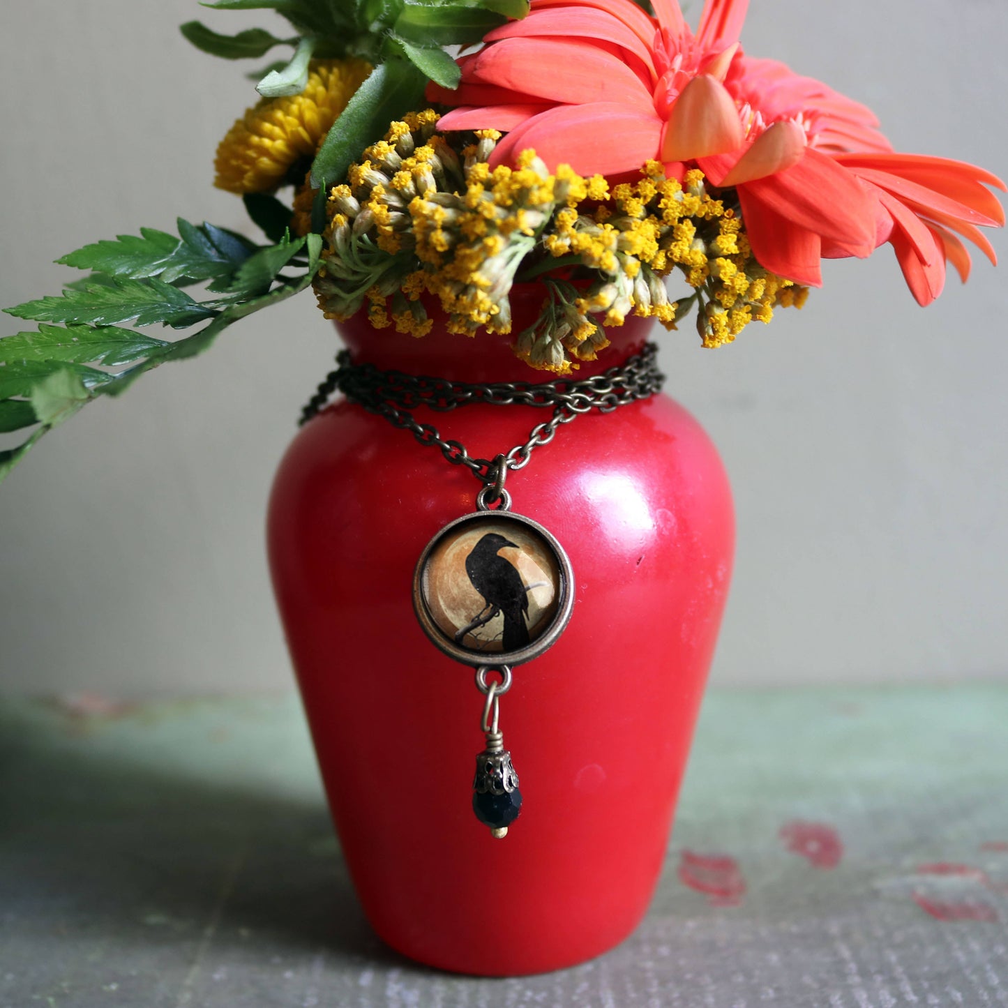 Orange Raven Necklace with Bead - Goth - Halloween