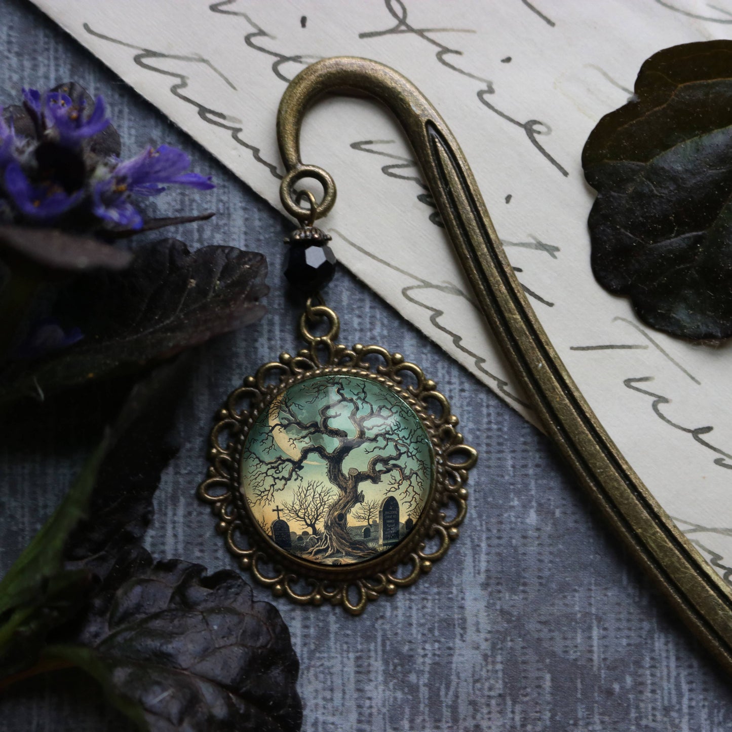Haunted Tree Gothic Bookmark - Halloween - Bronze and Glass Cabochon Book Hook