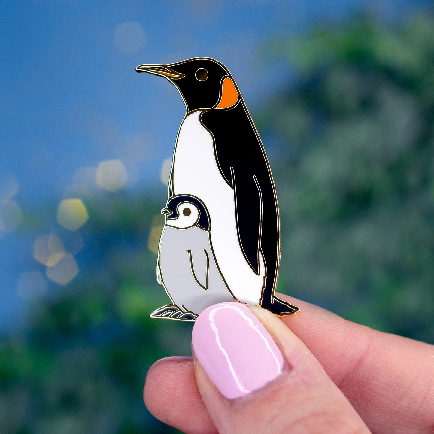Penguin with Chick Enamel Pin - Gold Plated Nature Jewelry - Winter Wildlife Brooch