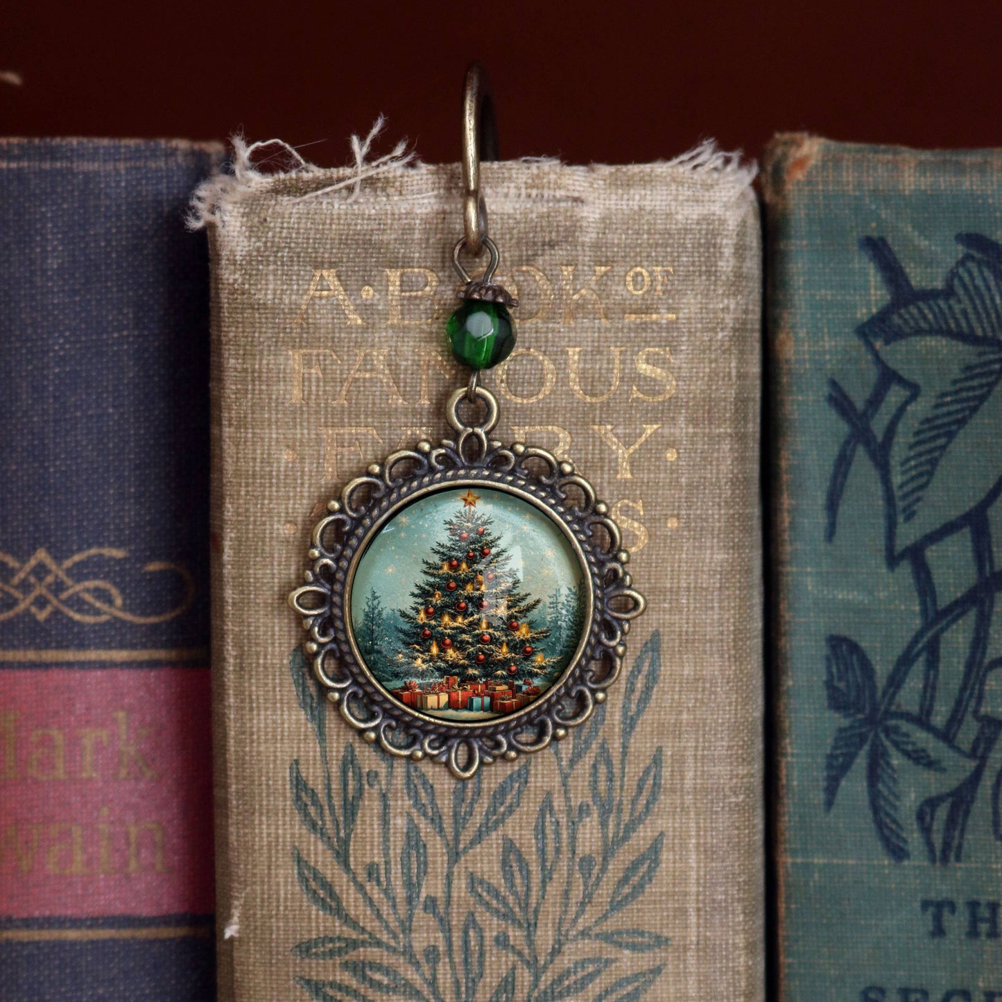 Victorian Christmas Tree Bookmark - Winter - Bronze and Glass Cabochon Book Hook