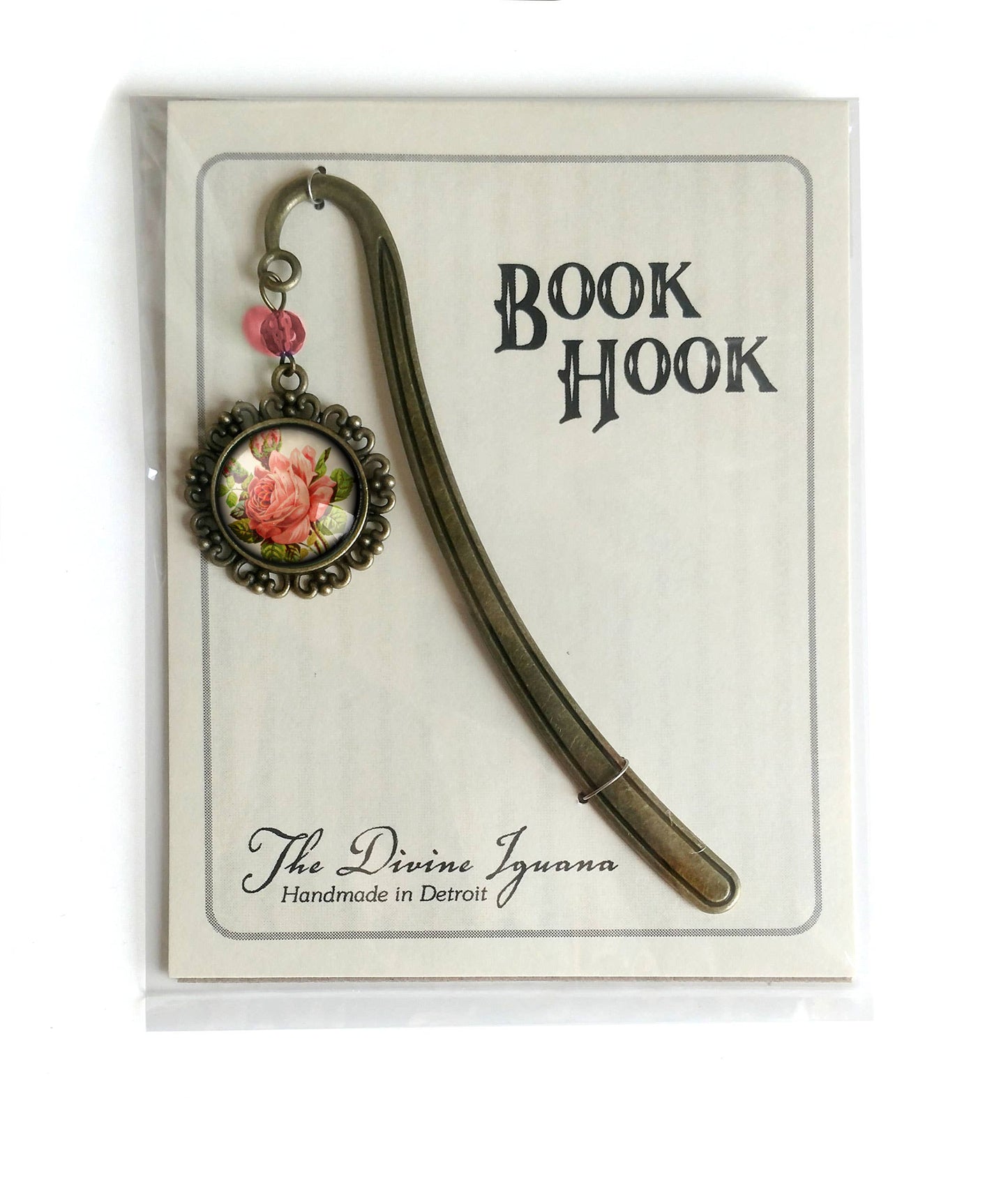 Victorian Tea Rose Bookmark - Romantic Floral - Bronze and Glass Cabochon