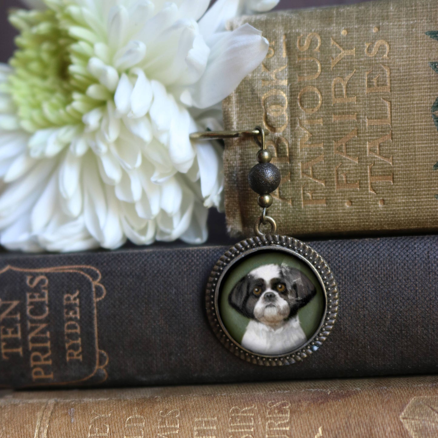 Shitzu Dog Bookmark - "Best Friends" - Bronze and Glass Cabochon Book Hook
