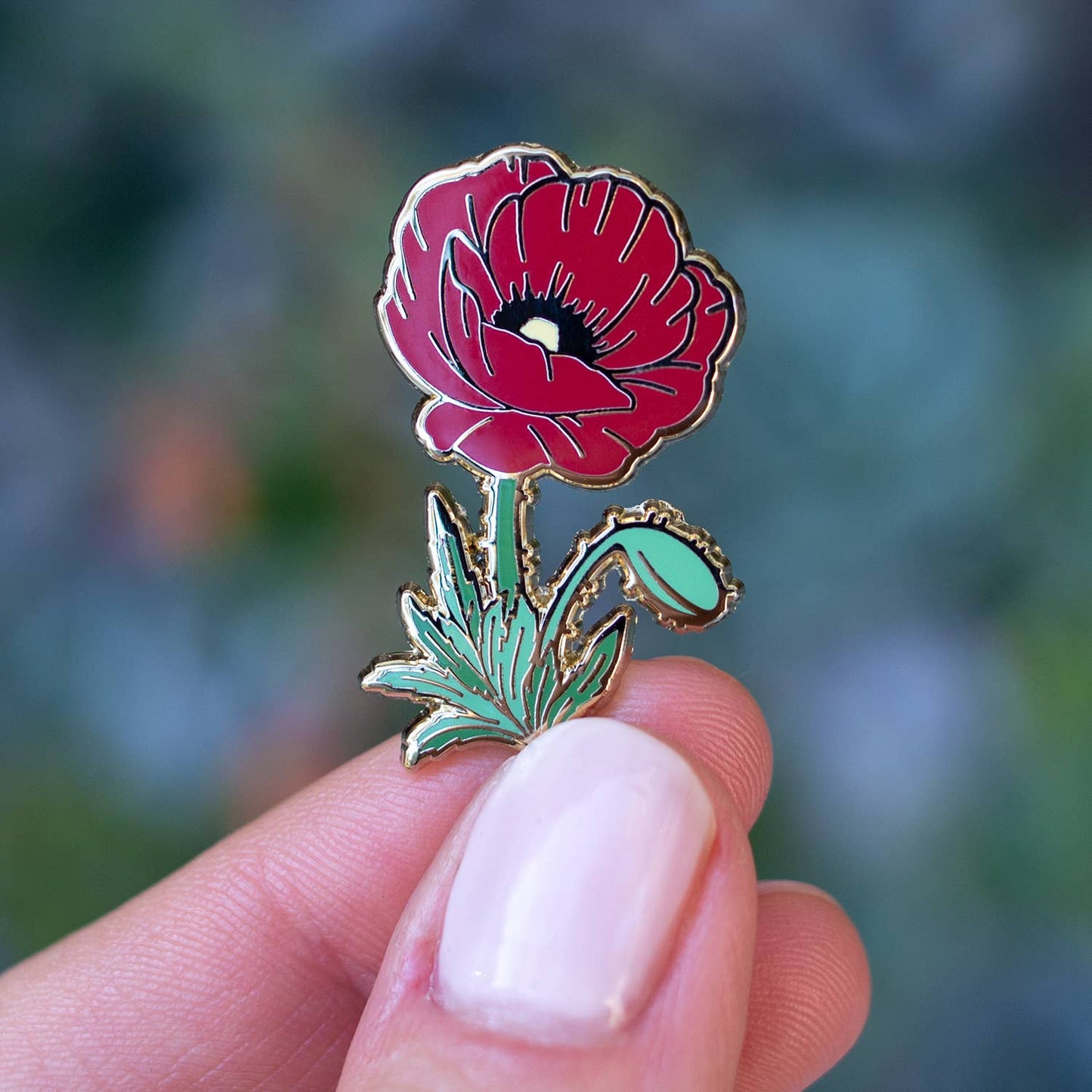 Red Poppy Enamel Pin - August Birth Flower - Gold Plated Base