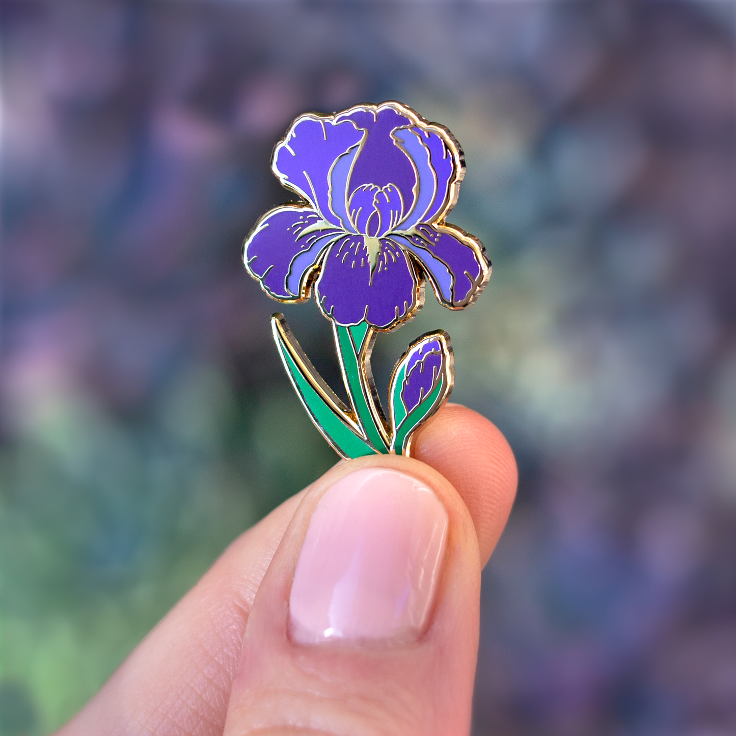 Iris Enamel Pin - February Birth Flower - Gold Plated Nature Jewelry - Floral Brooch
