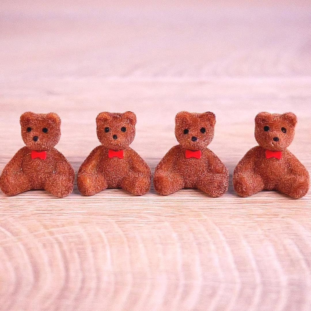 Miniature Flocked Brown Bear Figurines with Red Bows - Crafts, Displays, & Dioramas