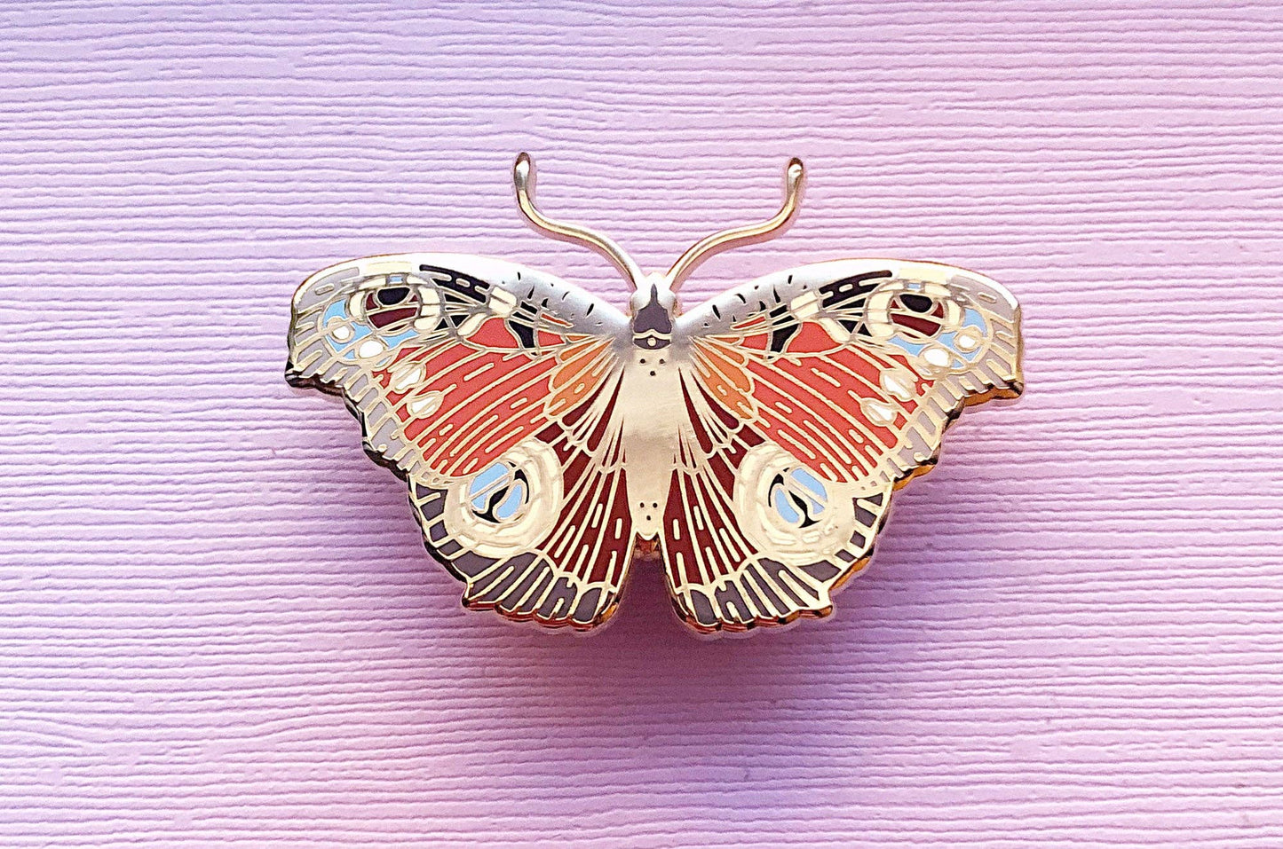 European Peacock Butterfly Enamel Pin - Gold Plated Base