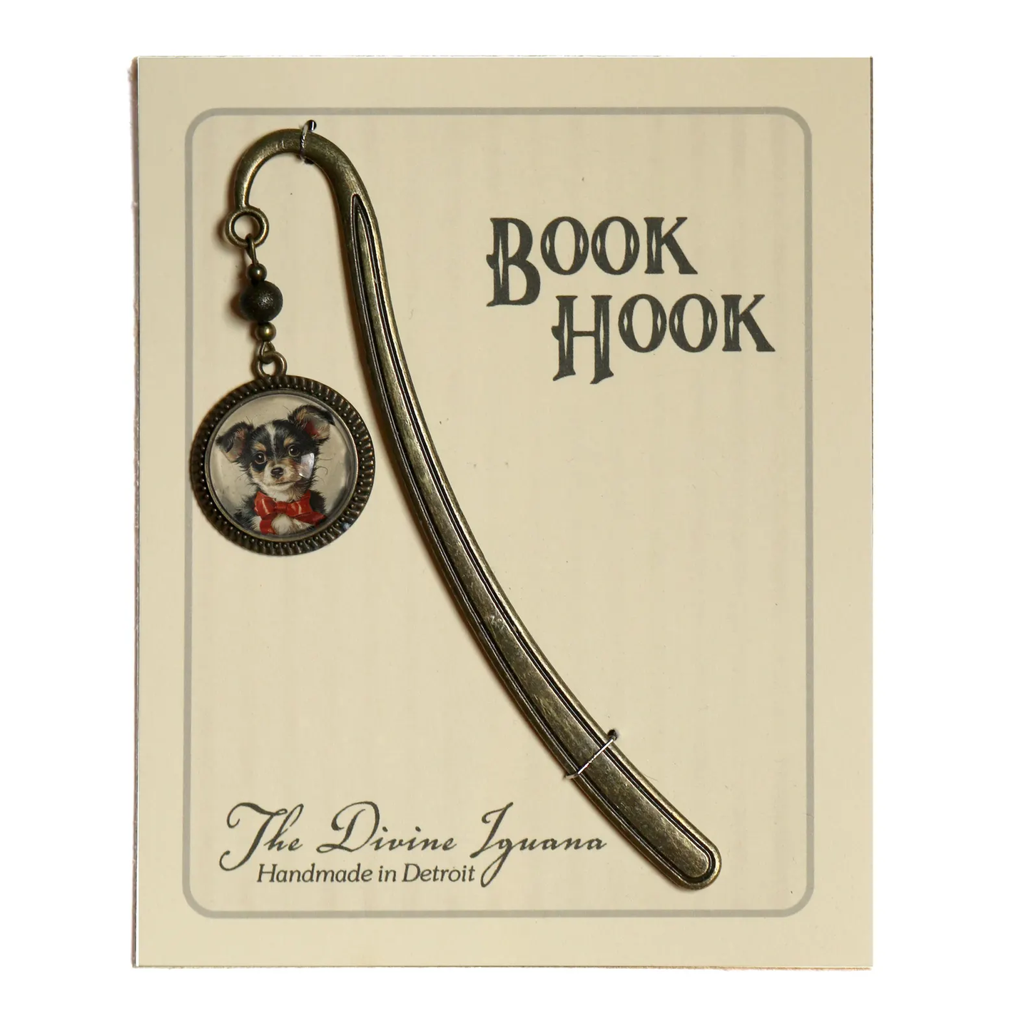 Chihuahua Dog in a Red Bow Bookmark - Christmas Puppy - Bronze and Glass Cabochon