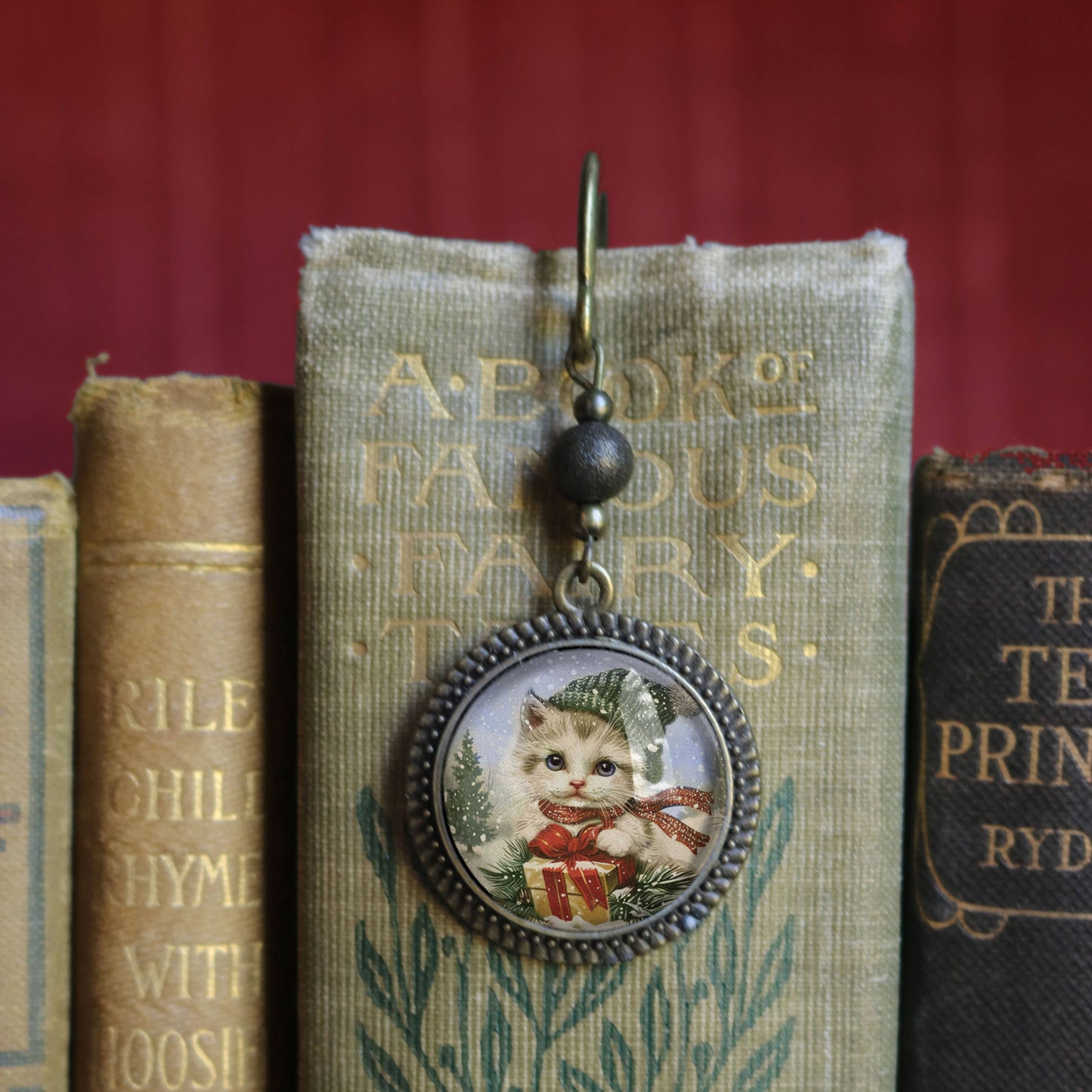 Fluffy Christmas Kitten Bookmark - Winter Holidays- Bronze and Glass Cabochon