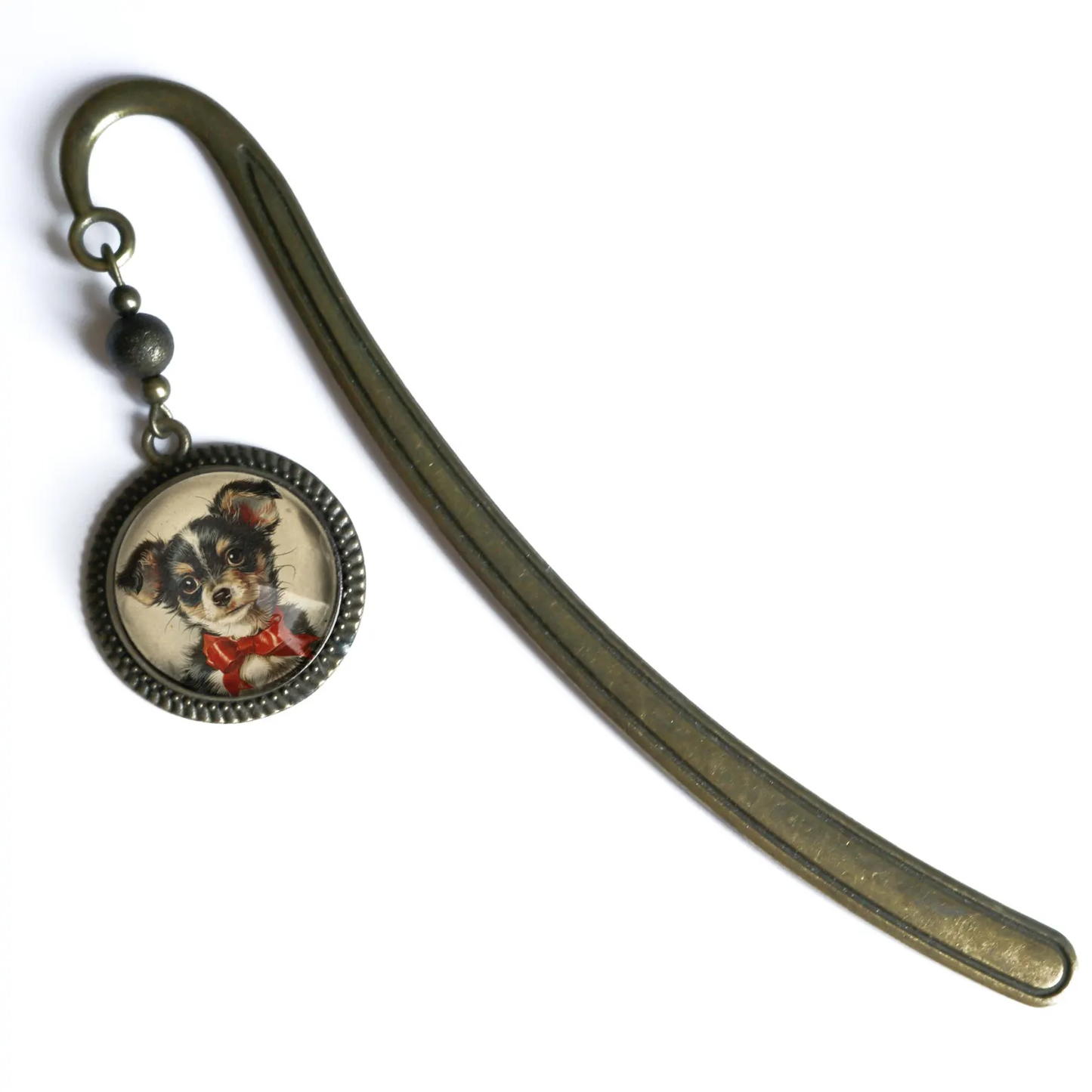 Chihuahua Dog in a Red Bow Bookmark - Christmas Puppy - Bronze and Glass Cabochon