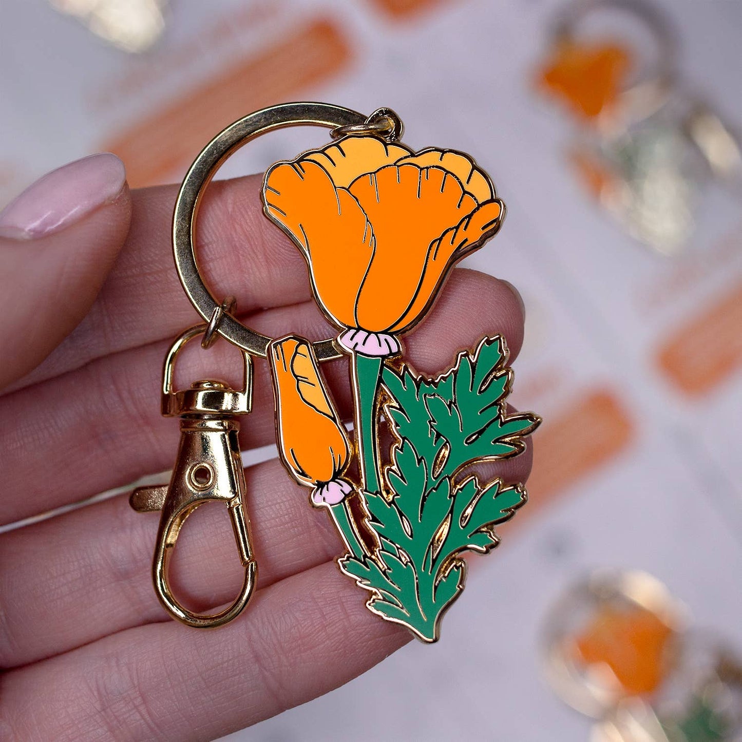 California Poppy Enamel Keychain with Key Clip - California State Flower - Gold Plated Nature Accessory