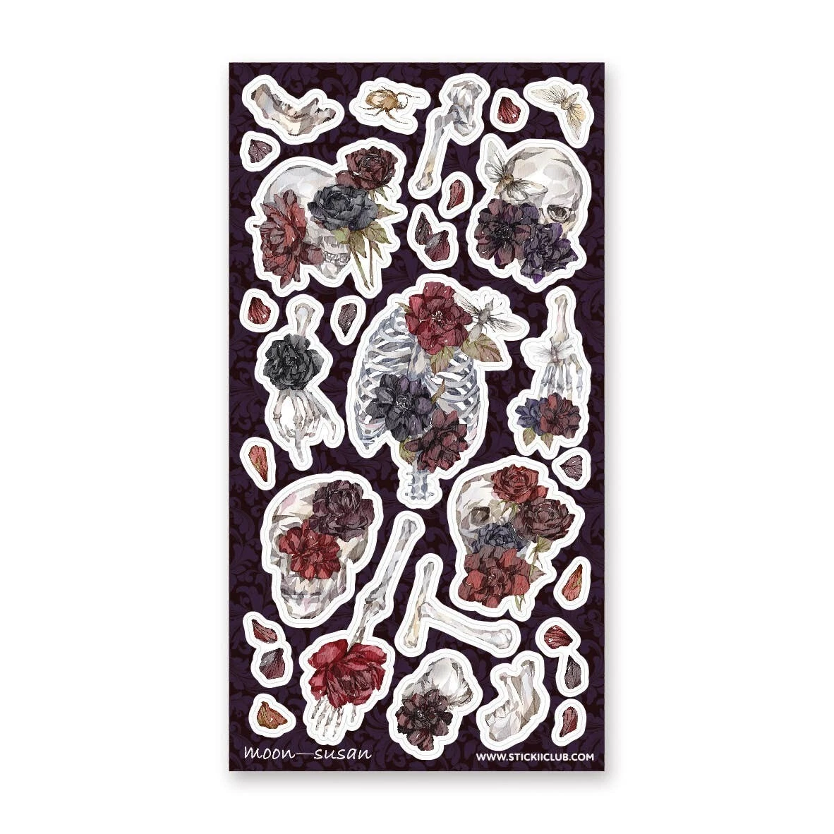 Spooky Blossom Floral Stickers - Skeletons and Flowers Sticker Sheet - Gothic & Halloween