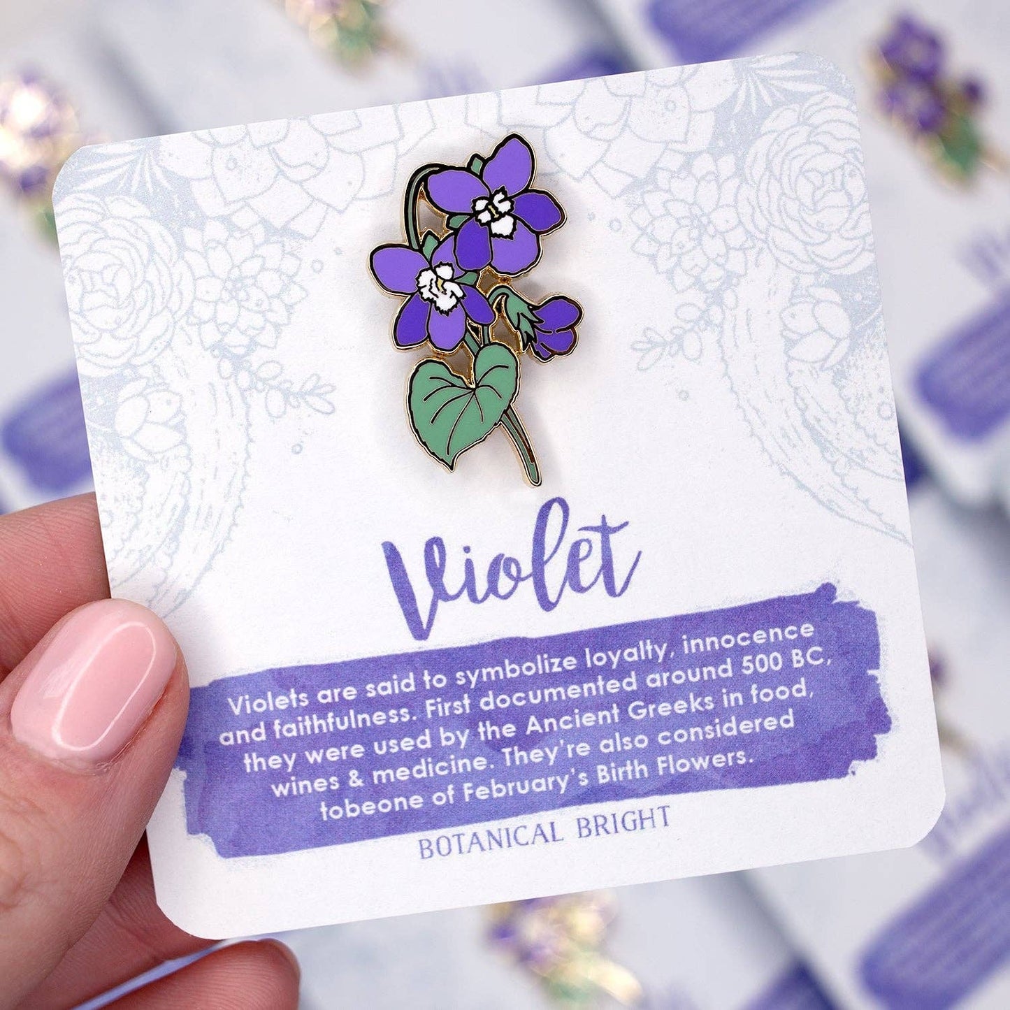 Violet Enamel Pin - February Birth Flower - Gold Plated Base