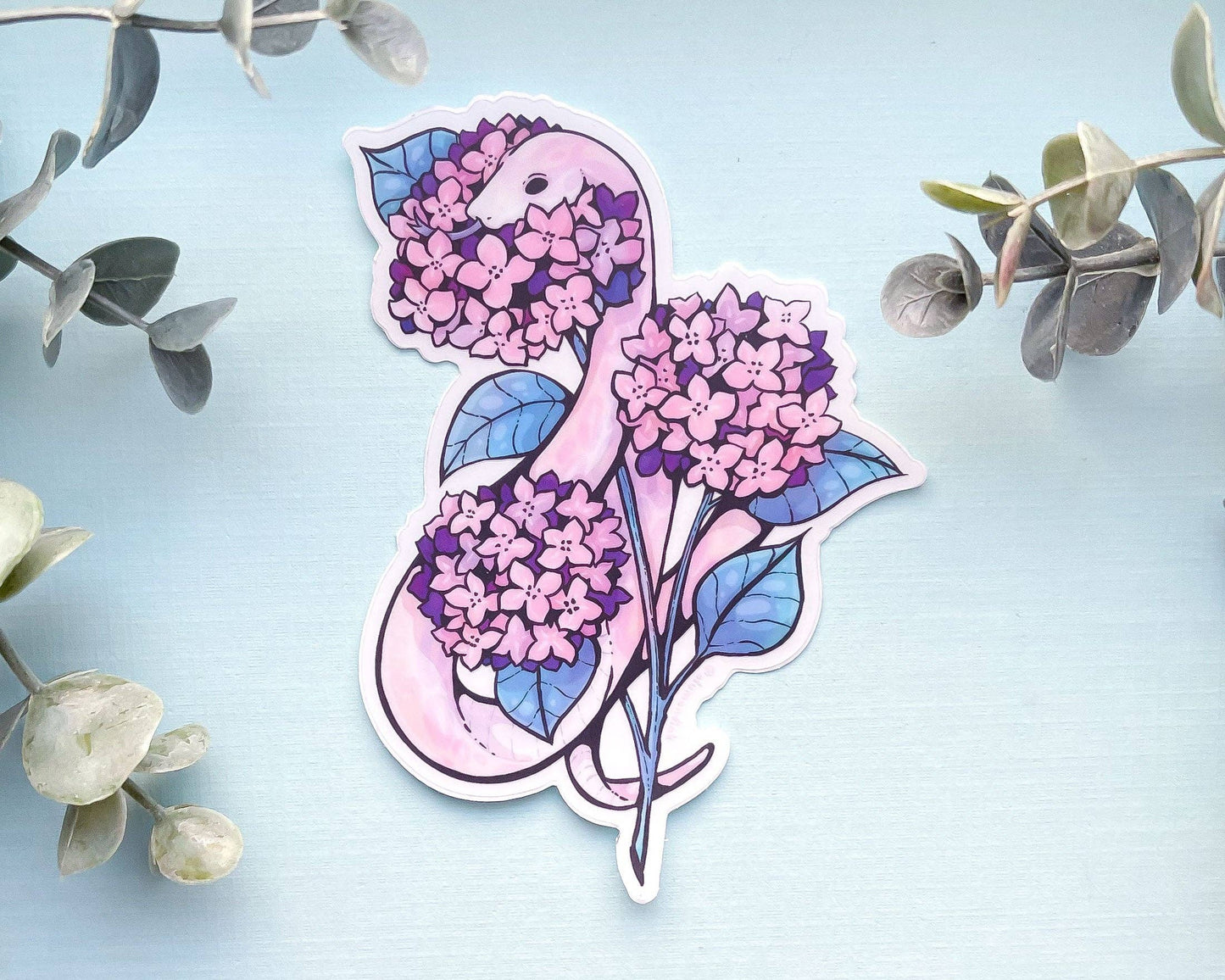 Snake and Pink Hydrangeas Sticker - Clear Vinyl