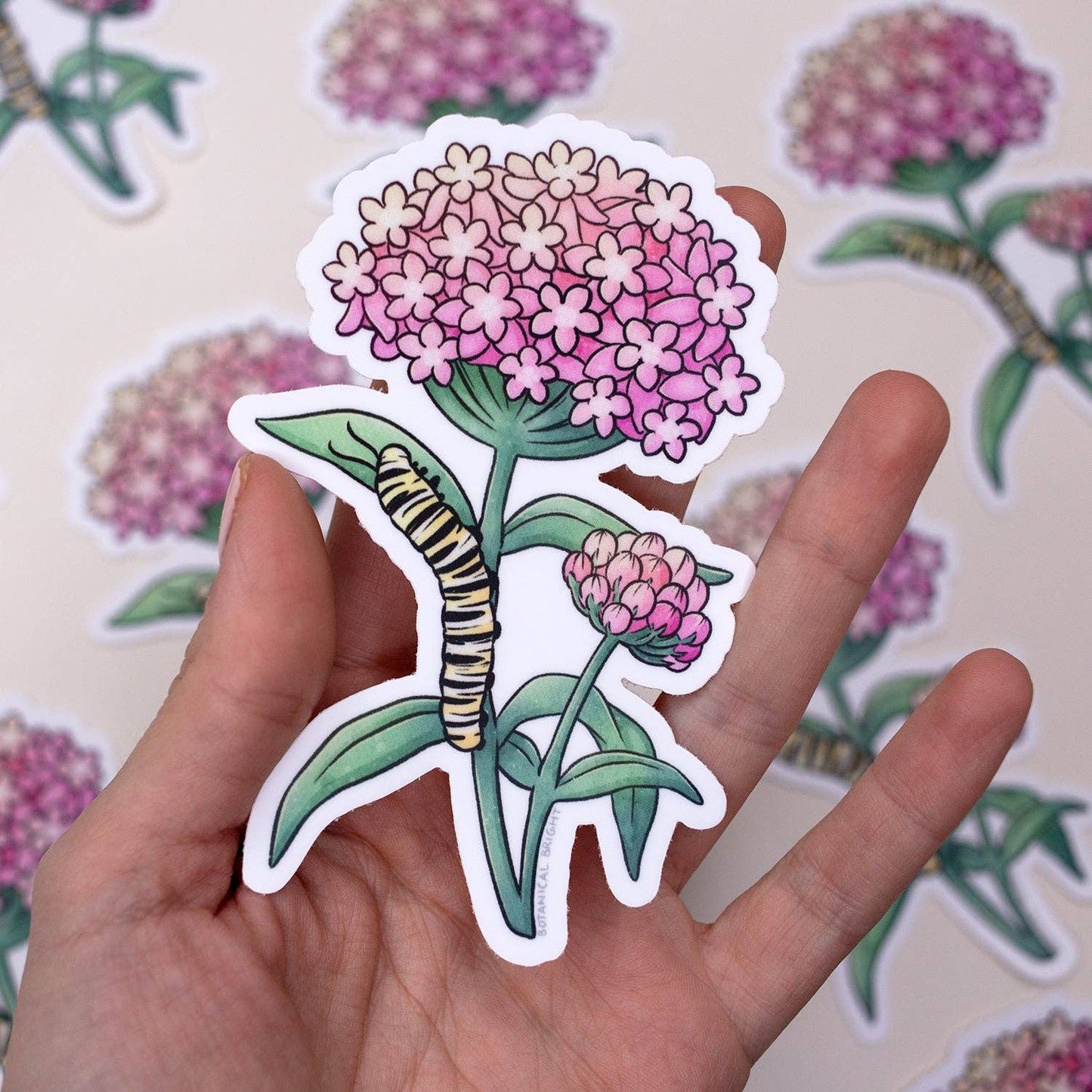 Milkweed Flower and Monarch Caterpillar Sticker - Waterproof Vinyl