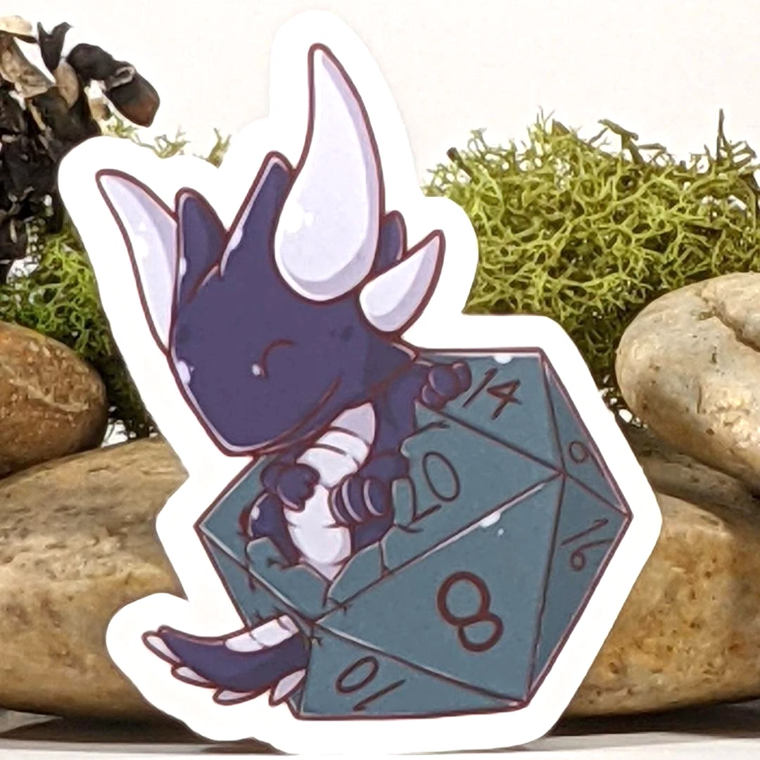 Black Baby Dragon Hatching from D20 Dice Sticker - 3" Waterproof Vinyl Decal