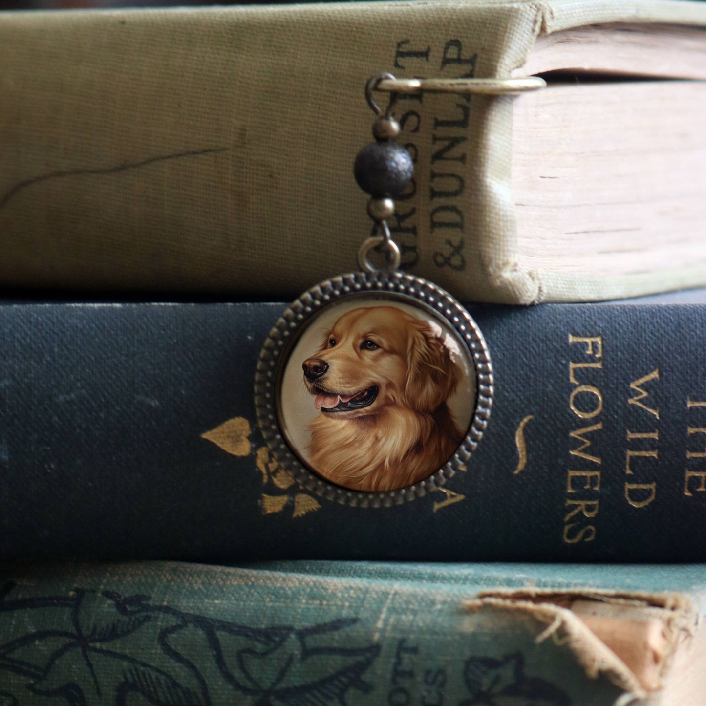 Golden Retriever Dog Bookmark - "Best Friends" - Bronze and Glass Cabochon
