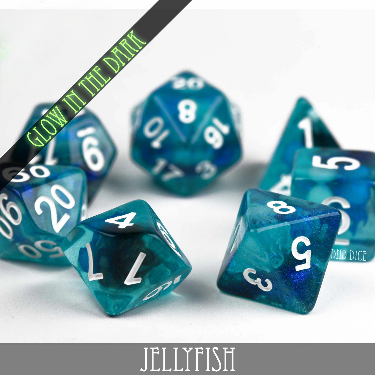 Dice Set - Jellyfish - Glow in the Dark - 7 Resin Dice