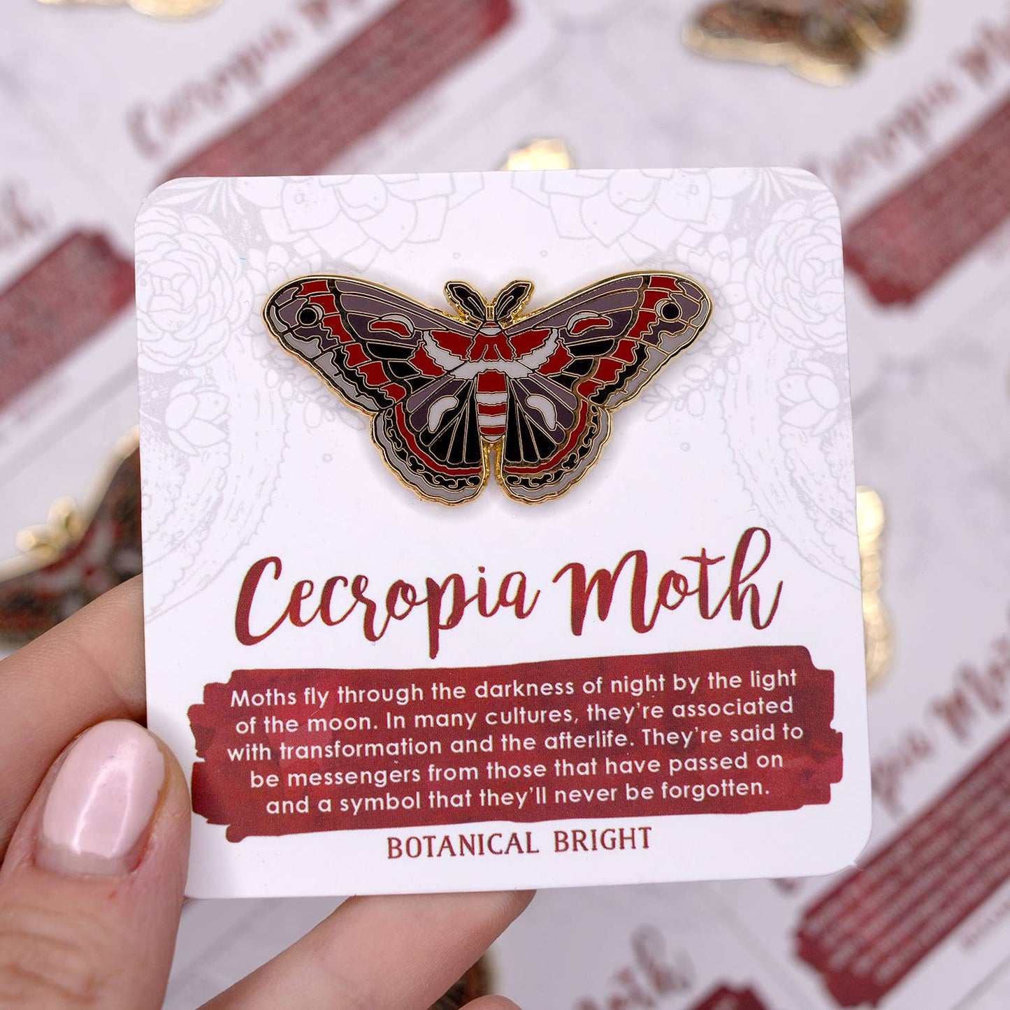 Cecropia Moth Enamel Pin - Gold Plated Nature Jewelry - Insect Brooch