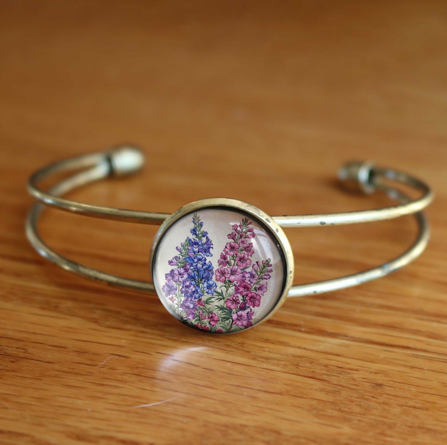 Larkspur Flowers Cuff Bracelet - Delphinium Flowers - Glass Cabochon