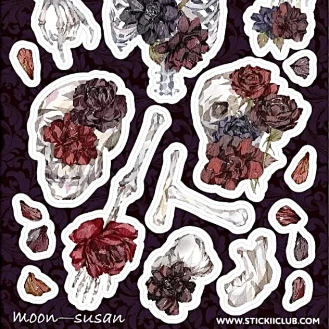Spooky Blossom Floral Stickers - Skeletons and Flowers Sticker Sheet - Gothic & Halloween
