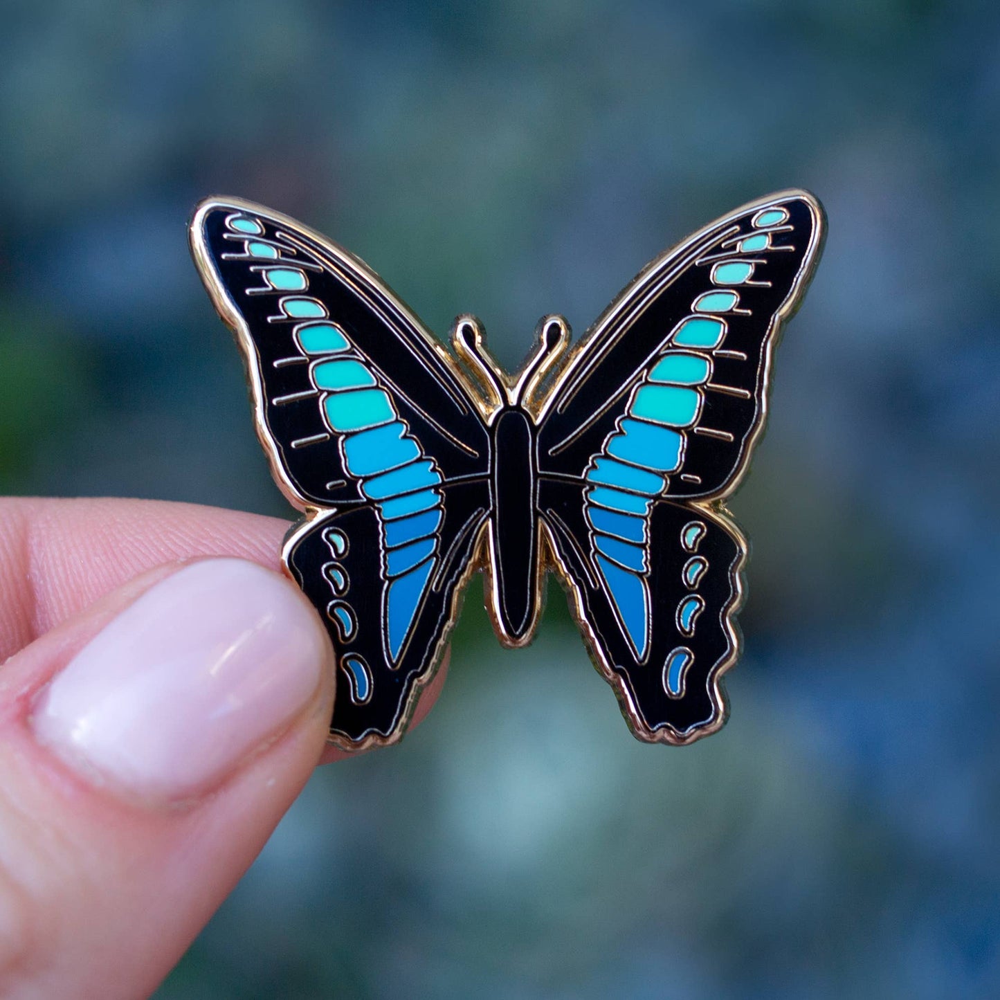 Blue Bottle Butterfly Enamel Pin - Gold Plated Nature Jewelry - Insect Brooch