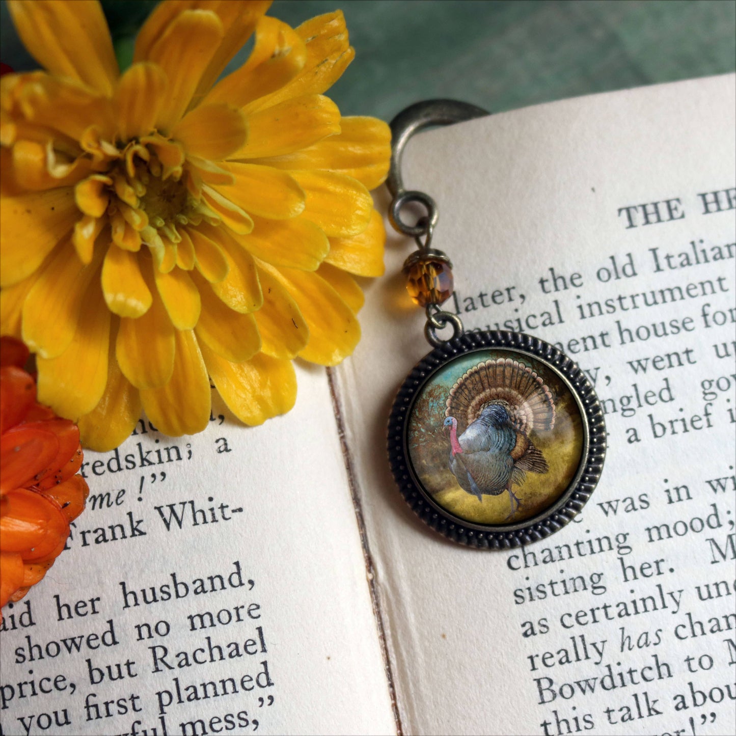 Traditional Thanksgiving Turkey Bookmark - Fall - Bronze and Glass Cabochon Book Hook