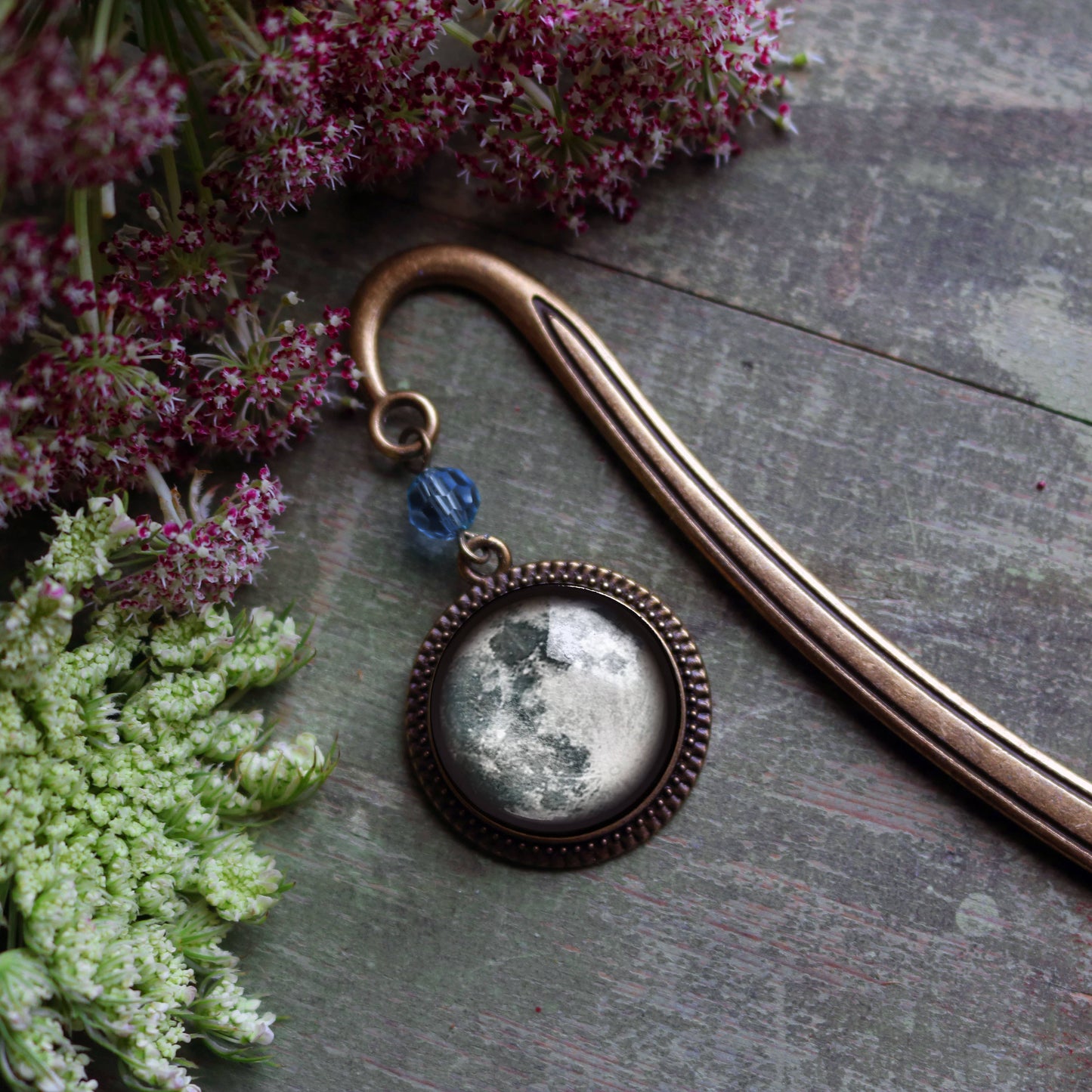 Full Moon Bookmark - Bronze and Glass Cabochon Book Hook