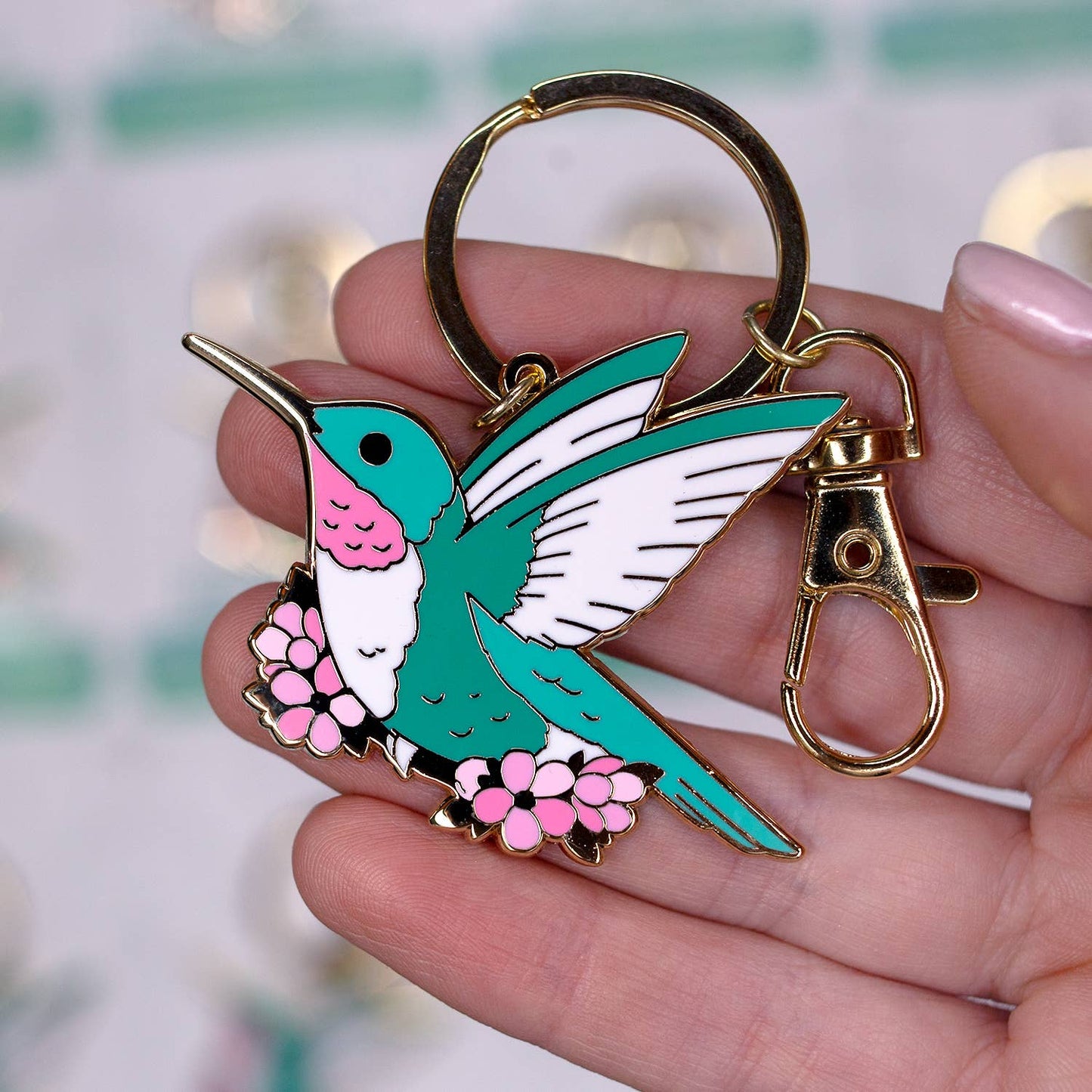 Hummingbird Enamel Keychain with Key Clip - Gold Plated Bird & Nature Accessory