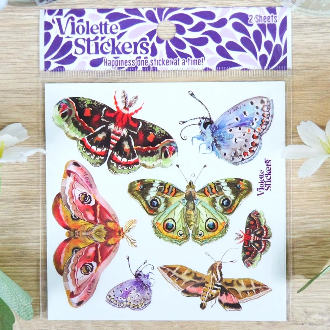 Night Moth Stickers - 2 Sticker Sheets for Stationary, Scrapbooking, & More