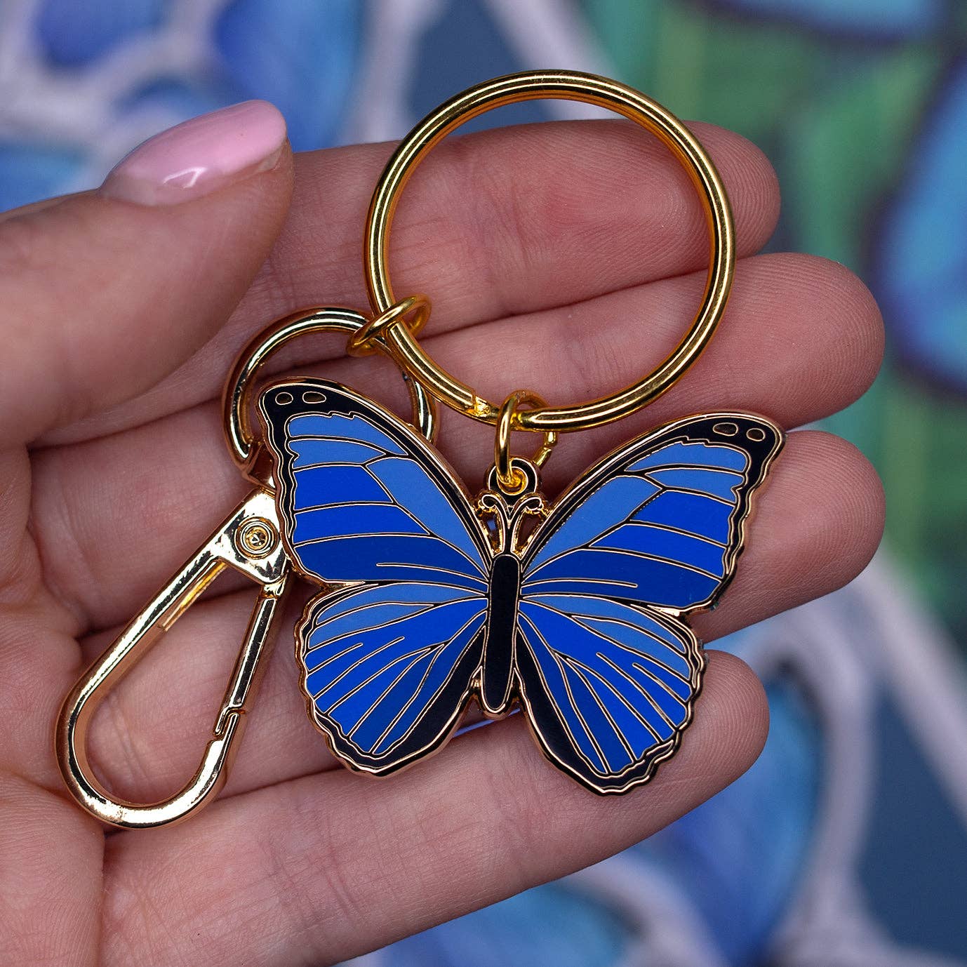 Blue Morpho Butterfly Enamel Keychain with Key Clip - Gold Plated Nature Accessory