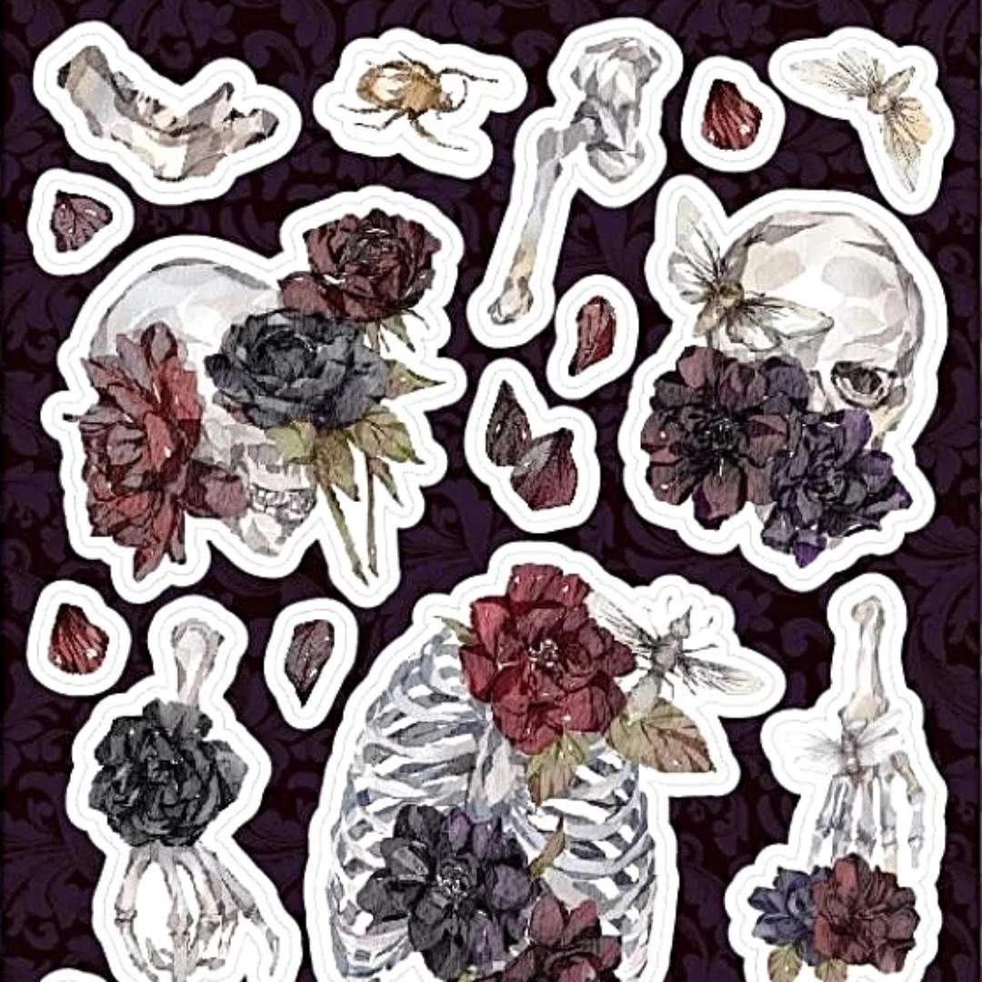 Spooky Blossom Floral Stickers - Skeletons and Flowers Sticker Sheet - Gothic & Halloween