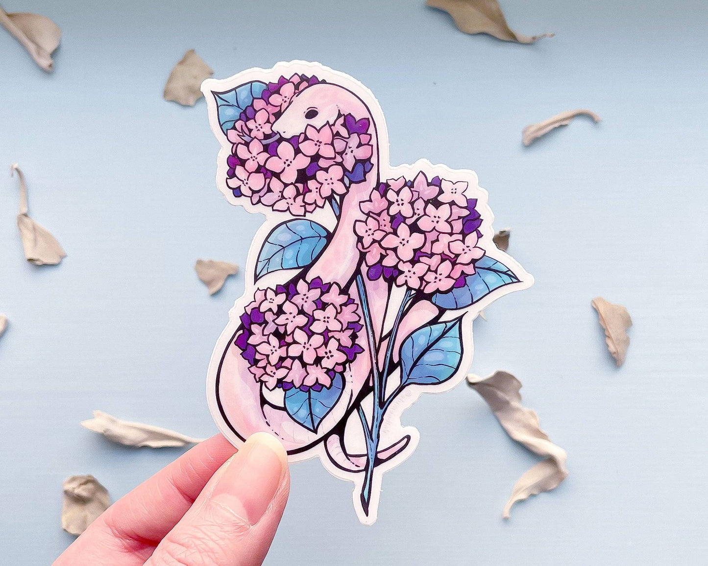 Snake and Pink Hydrangeas Sticker - Clear Vinyl
