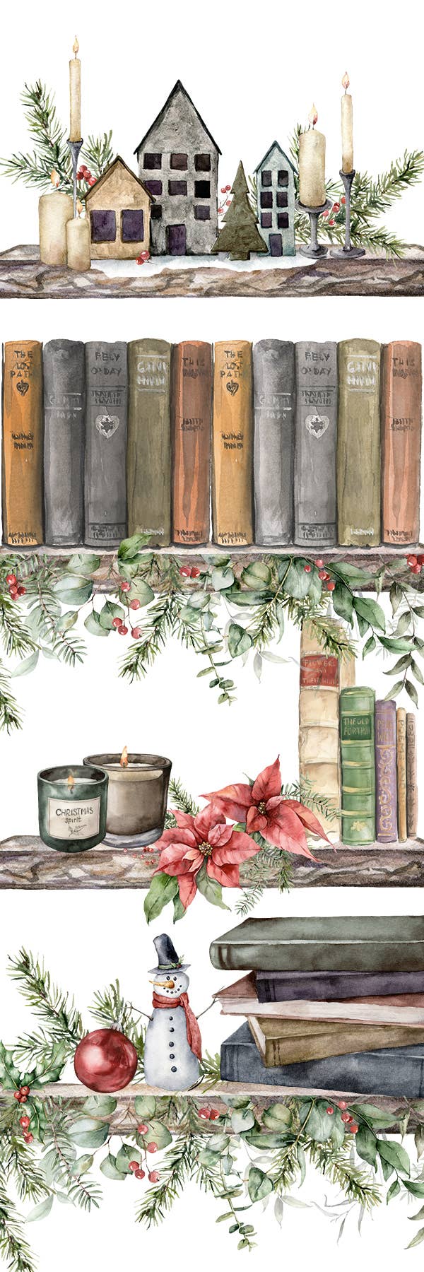 Christmas Bookshelf Watercolor Cardstock Bookmark - Festive Holidays & Winter
