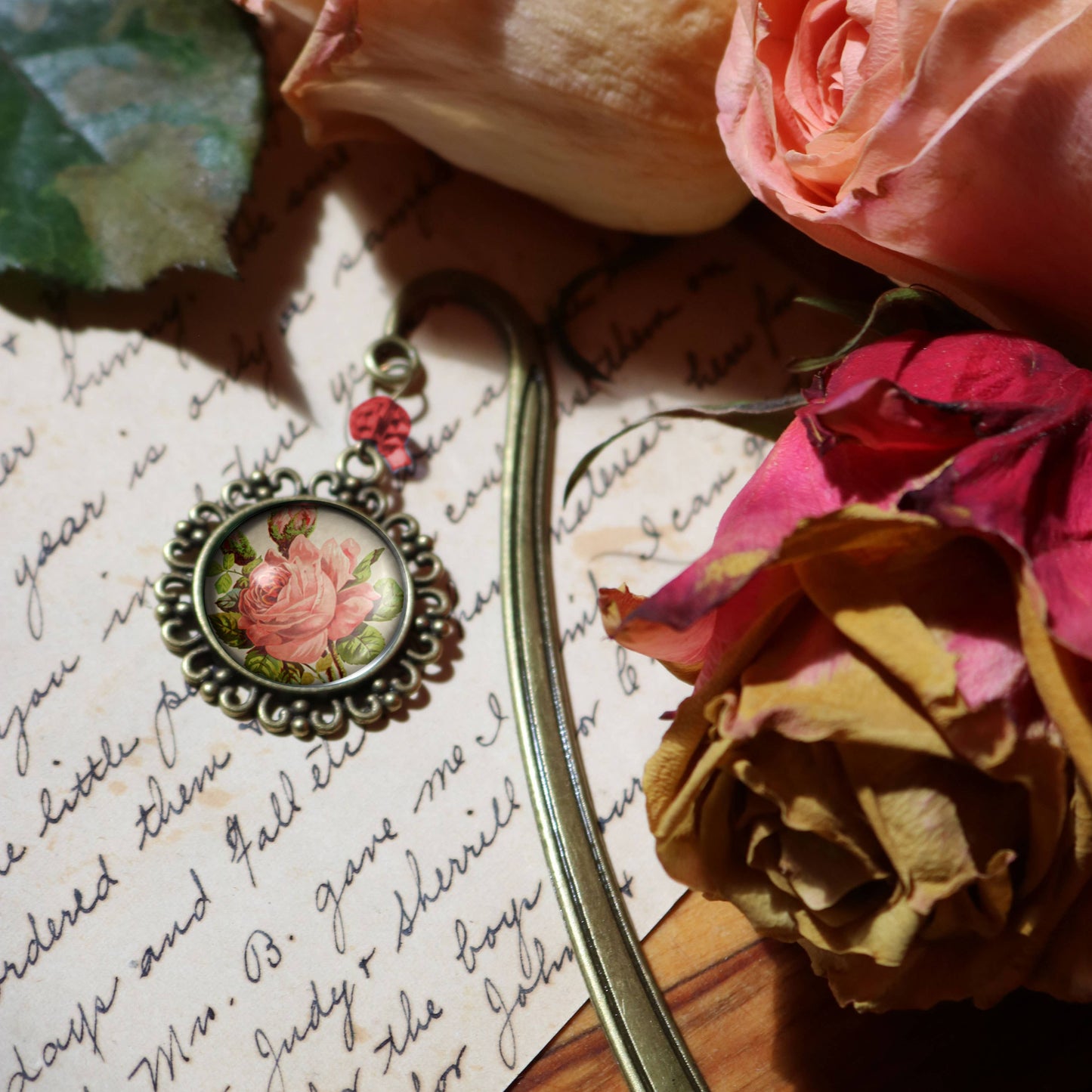 Victorian Tea Rose Bookmark - Romantic Floral - Bronze and Glass Cabochon