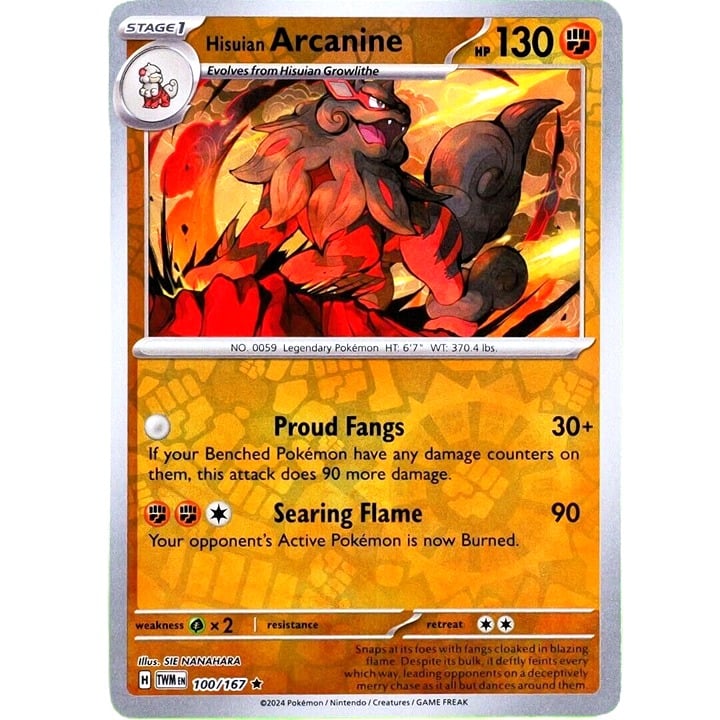Hisuian Arcanine - Rare Reverse Holo - Pokemon TCG Twilight Masquerade #100/167
