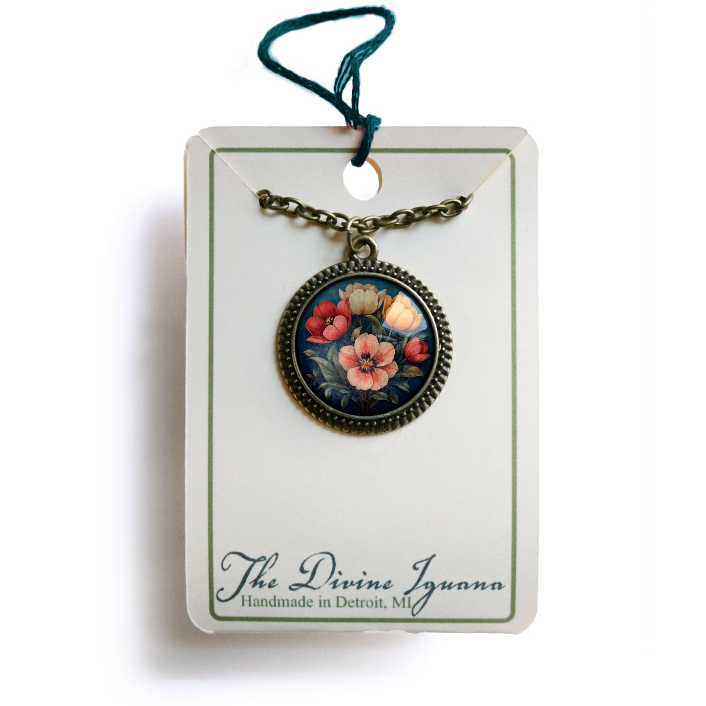 Moody Tulip Flowers Pendant Necklace - Glass Cabochon and Bronze - Spring