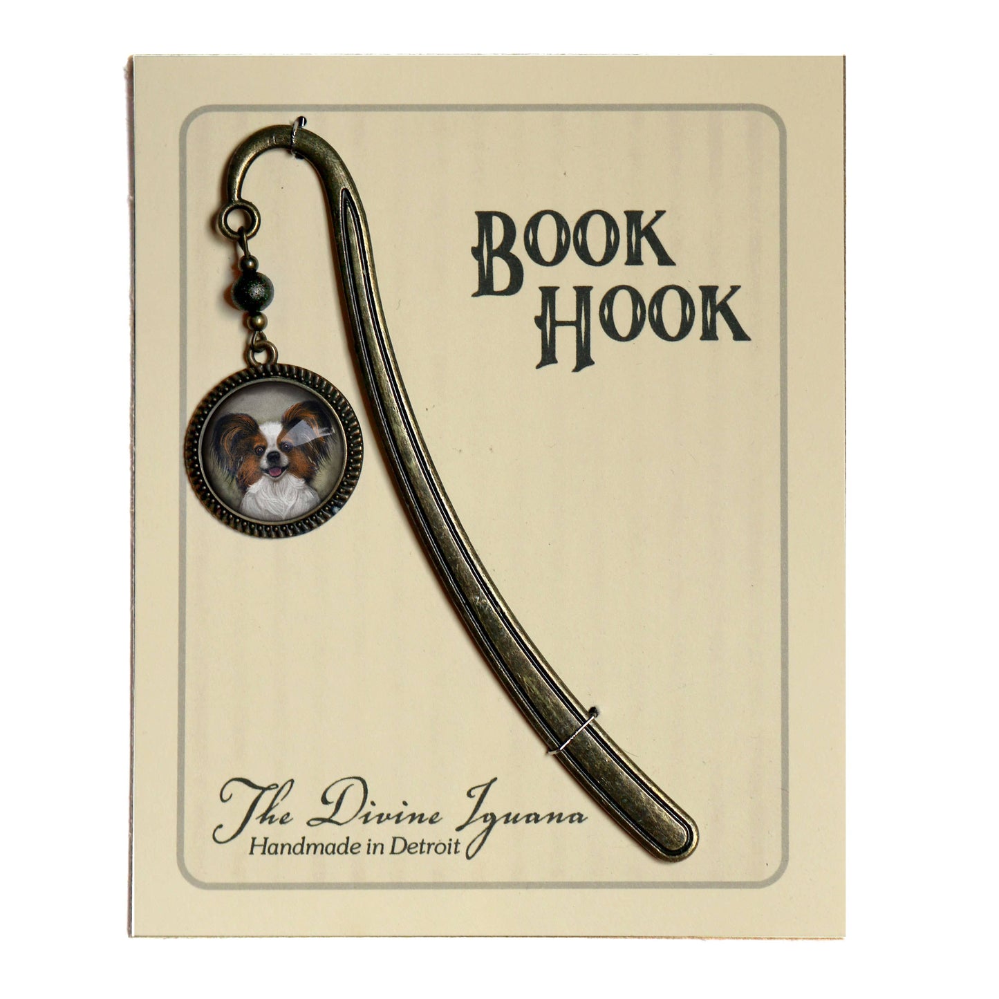 Papillon Dog Bookmark - "Best Friends" - Bronze and Glass Cabochon