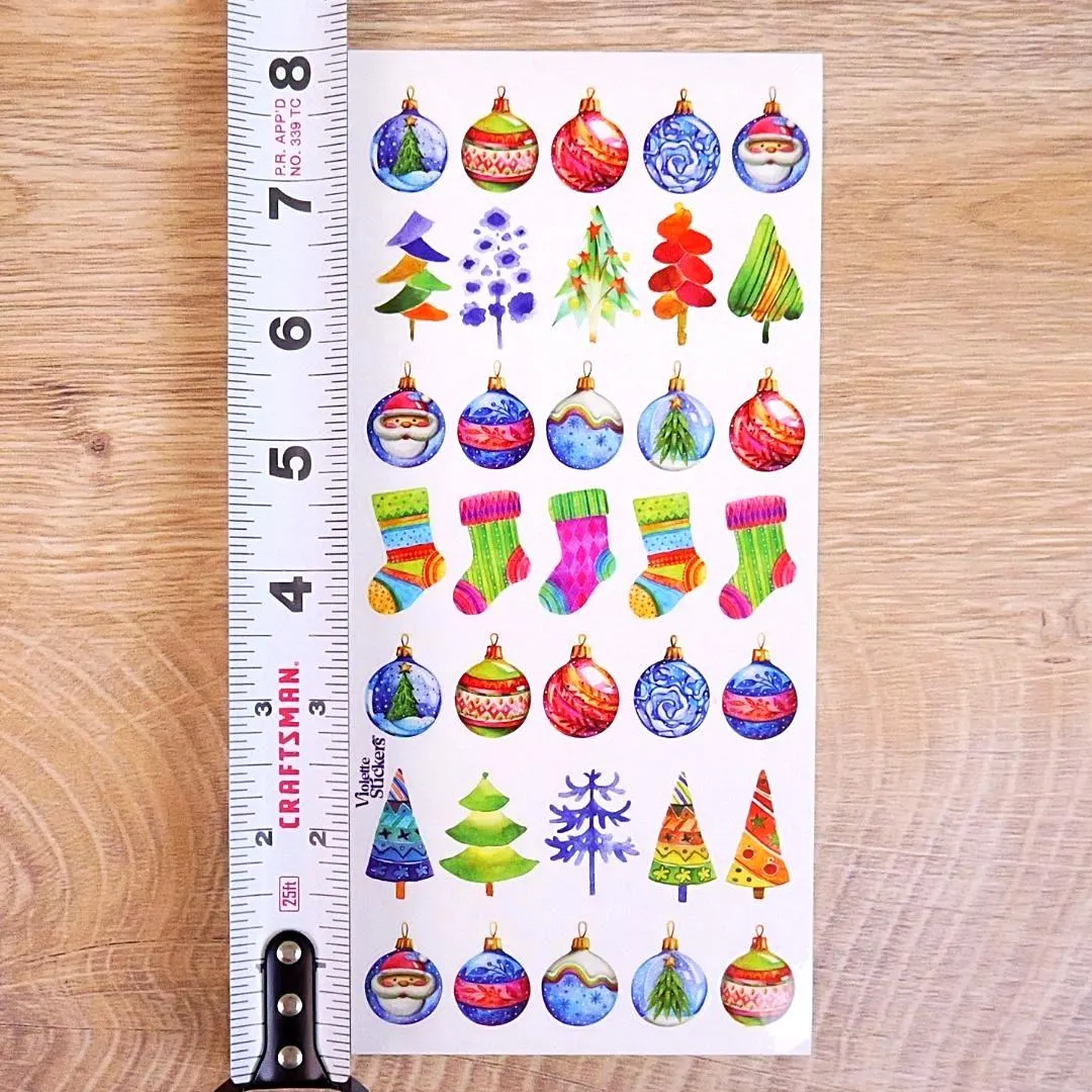 Watercolor Christmas Stickers - Festive Holiday Sticker Sheet - Colorful Winter Crafts