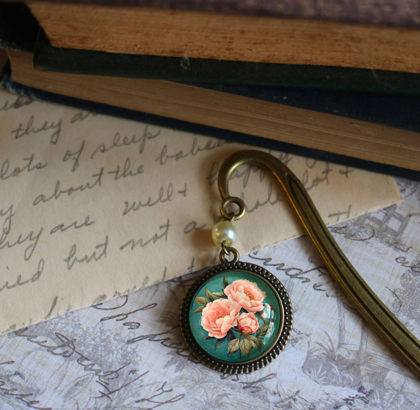 Pink Peony Flowers Bookmark - Bronze and Glass Cabochon - Pearl Bead - Indiana State Flower