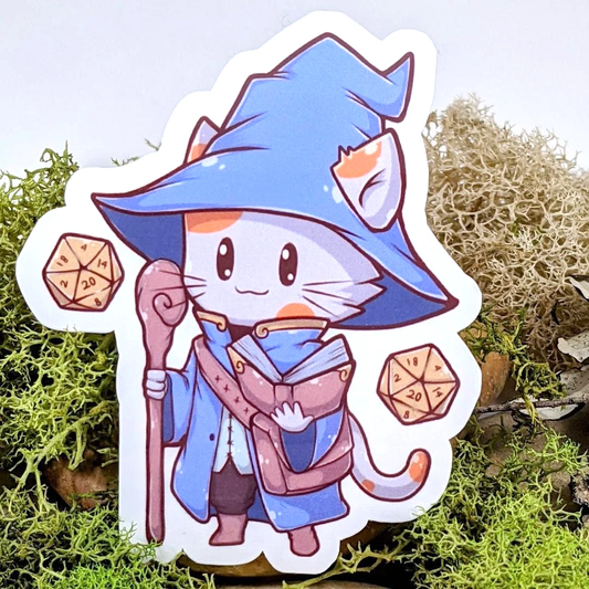 Wizard Hit Dice Cat Tabletop Gaming Sticker - 3" Waterproof Vinyl Decal