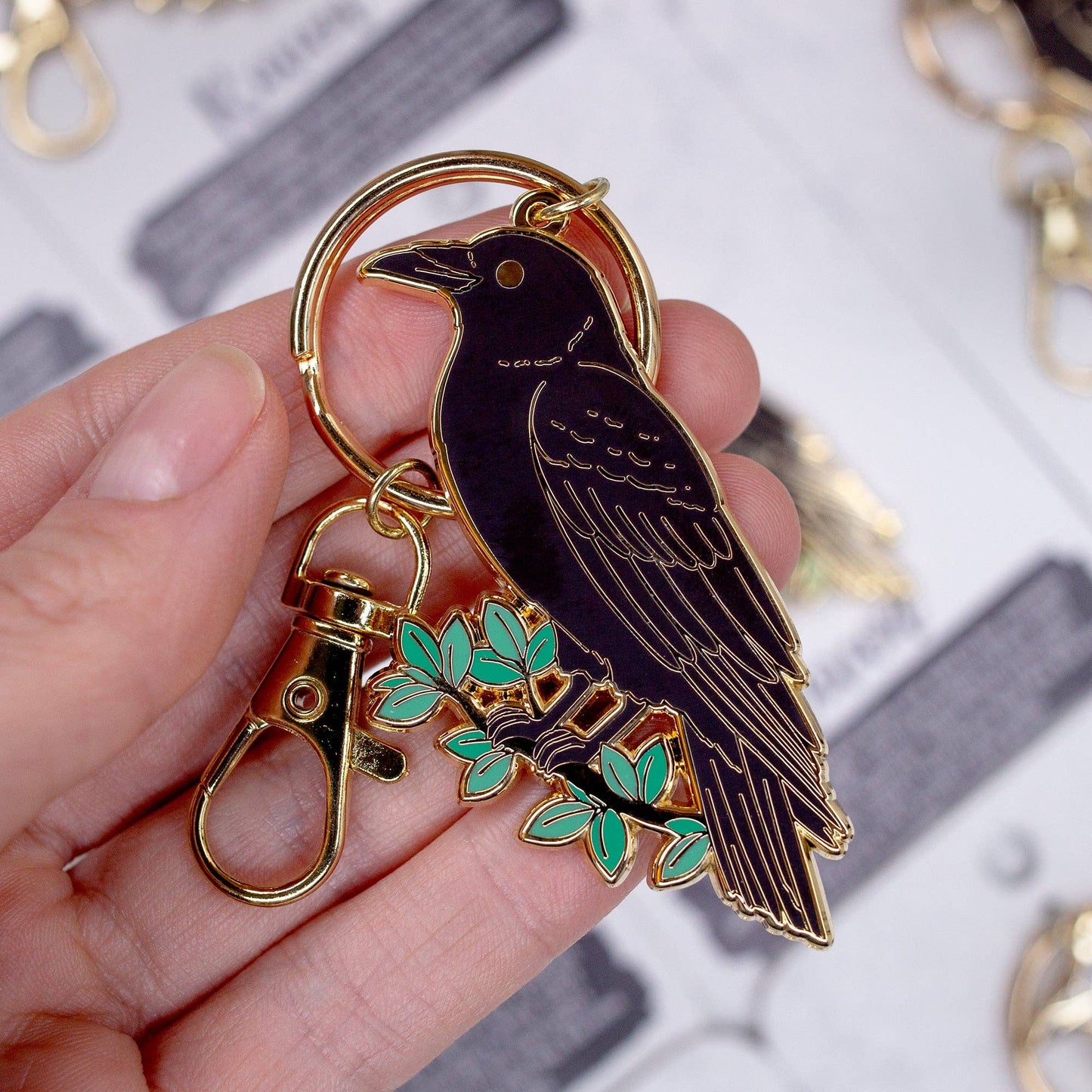 Raven Bird Enamel Keychain with Key Clip