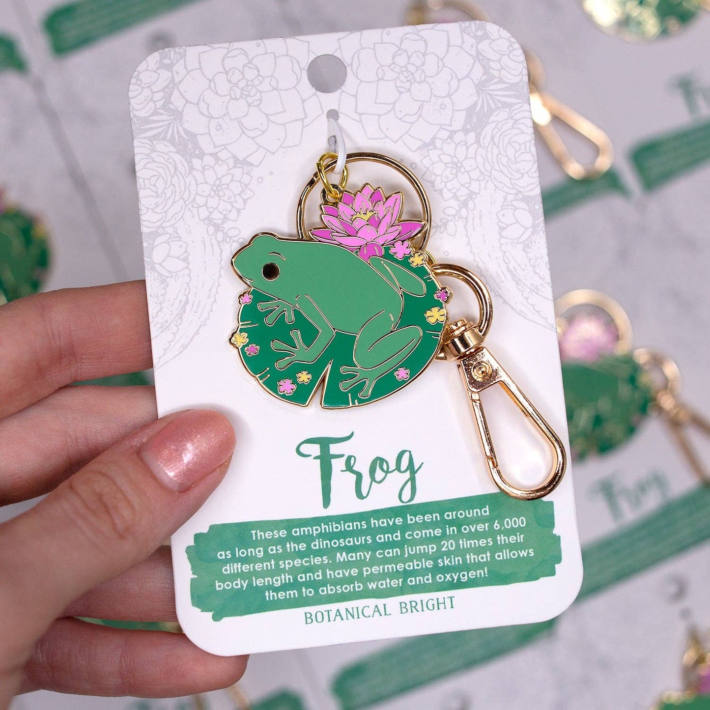 Frog and Water Lily Enamel Keychain with Key Clip