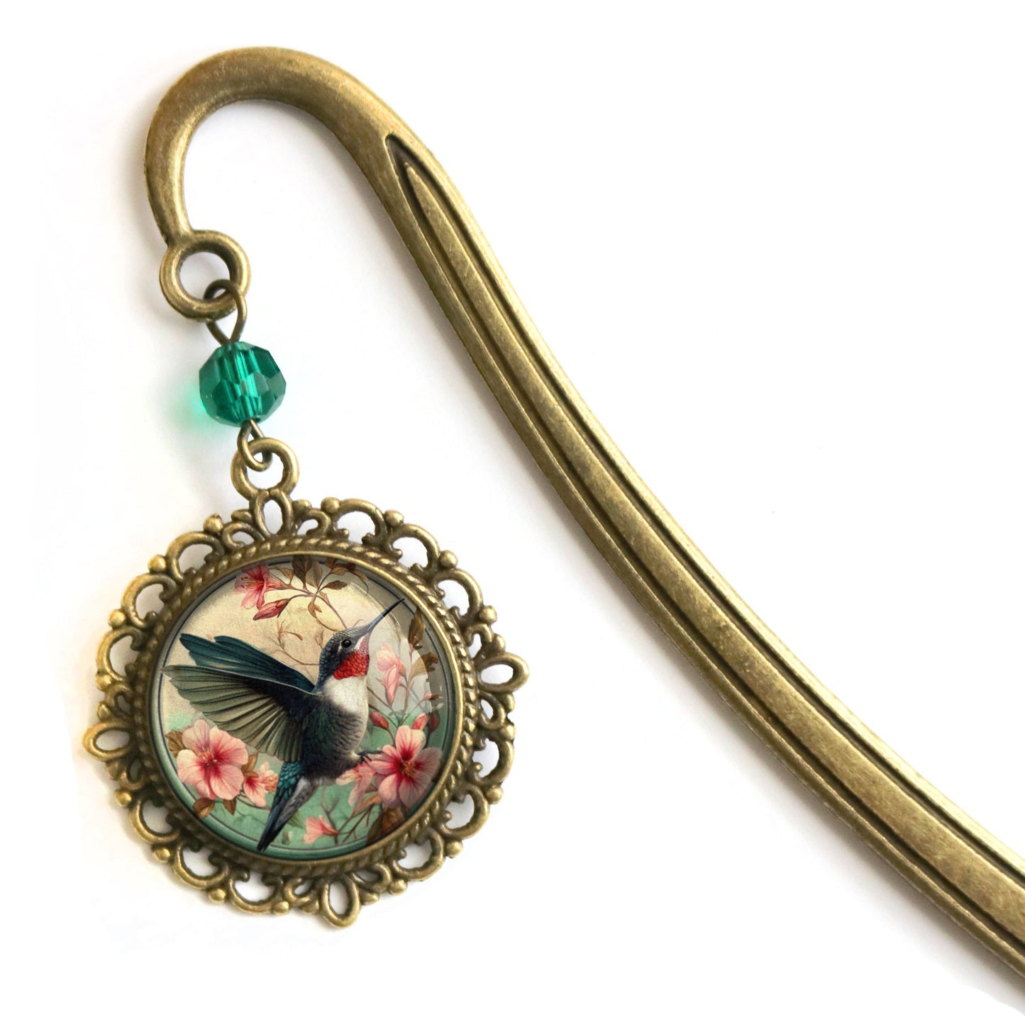 Hummingbird Bookmark - Art Nouveau - Glass Cabochon - Bronze