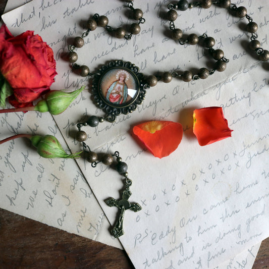 Bronze Glass Beaded Rosary - Black Accent Beads - Catholic