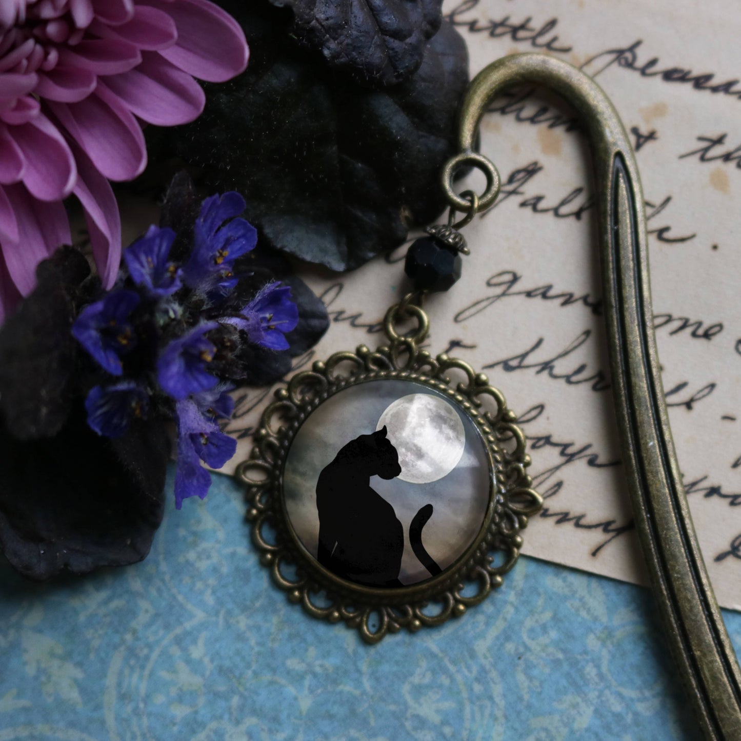 Black Cat Bookmark - Full Moon - Goth - Halloween - Bronze